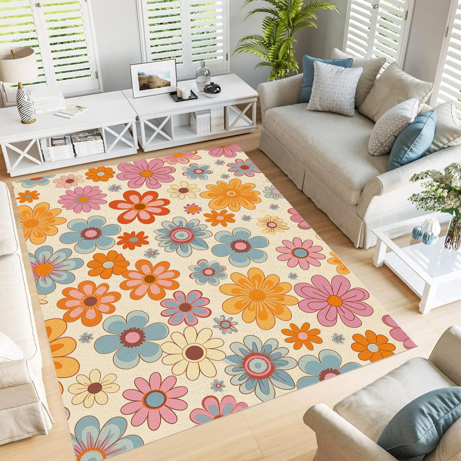Tapis salon fleurs rétro cuisine moquette chambre adulte jaune abricot