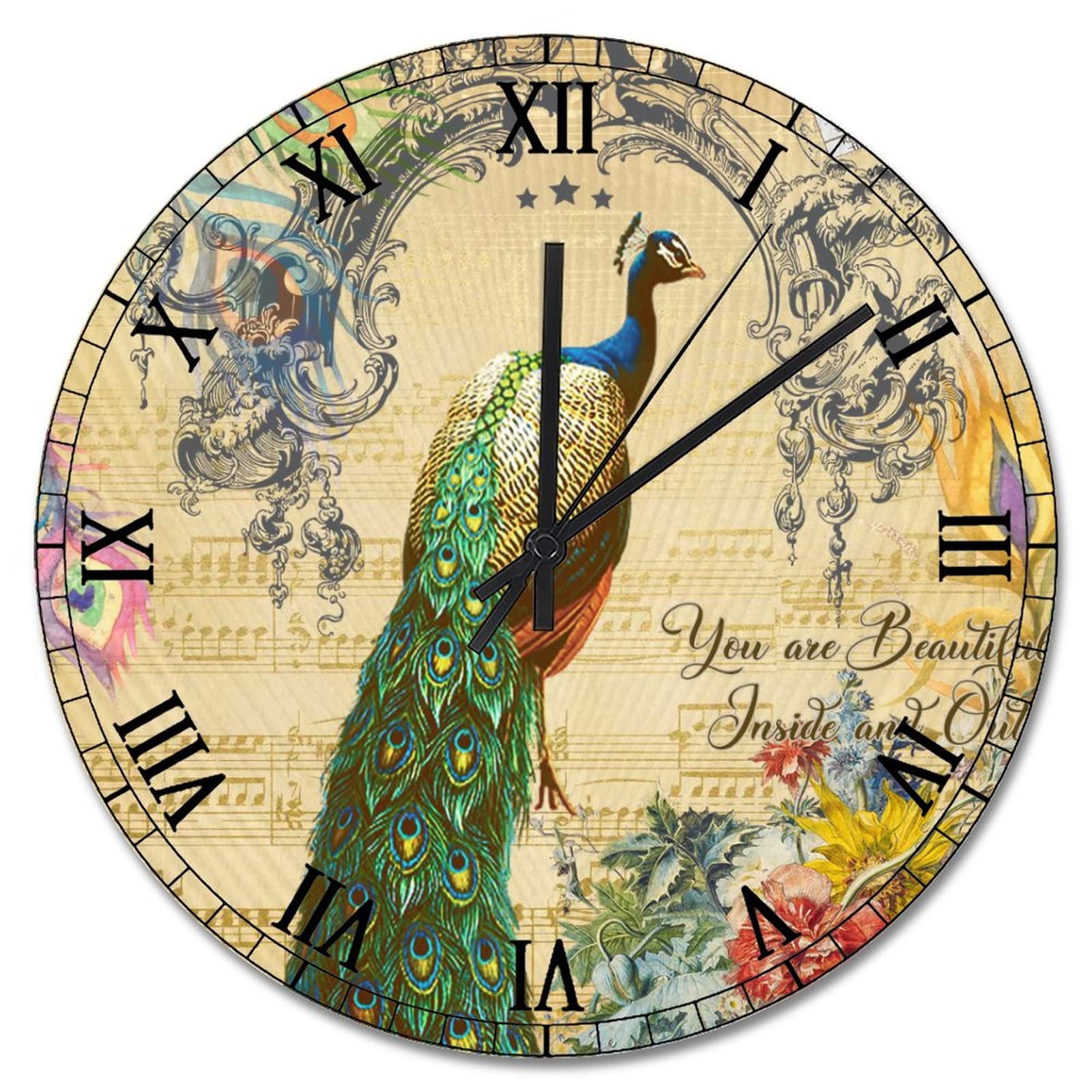 Horloge murale vintage en bois plumes paon salon et cuisine