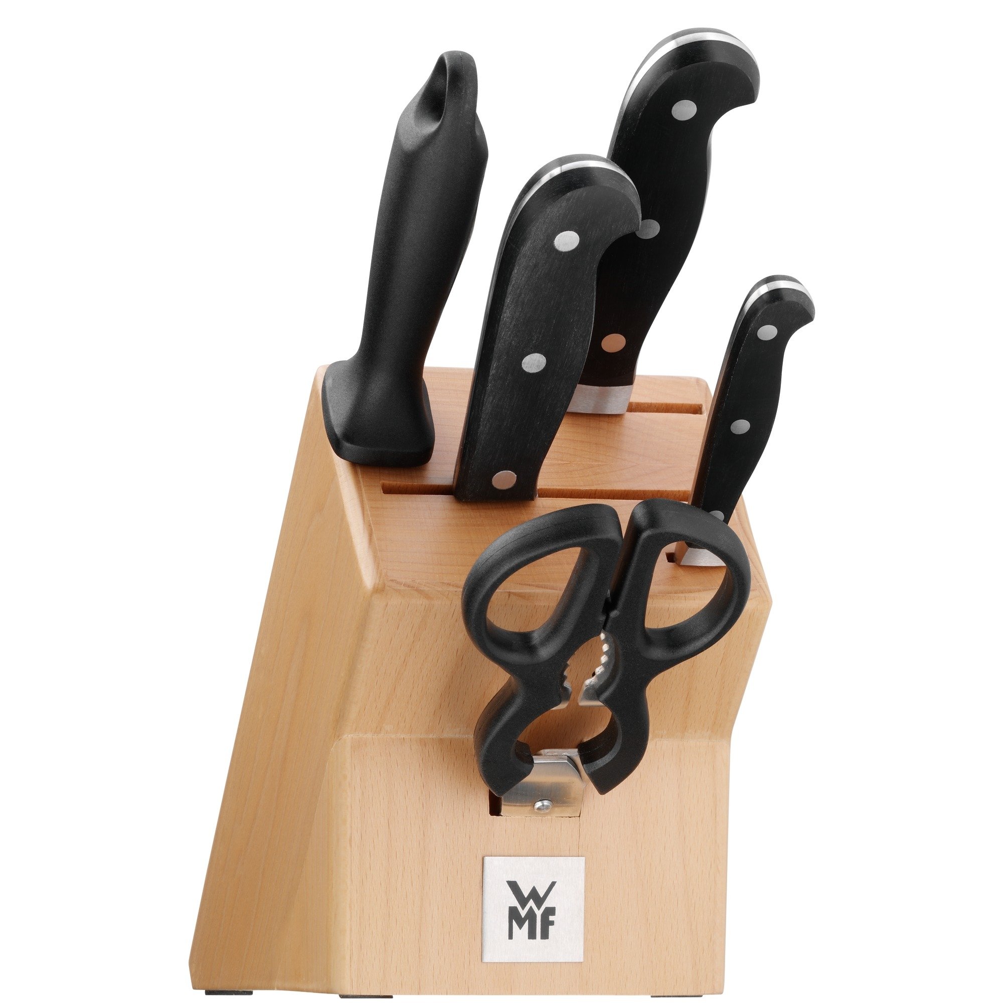 WMF Knife Block with 6 Pieces Spitzenklasse Plus Performance Cut Knife Made in Germany Forged Special Blade Steel - Stainless Steel Rivets Handles Made of Quality Plastic Knife Block Made of Beech Wood