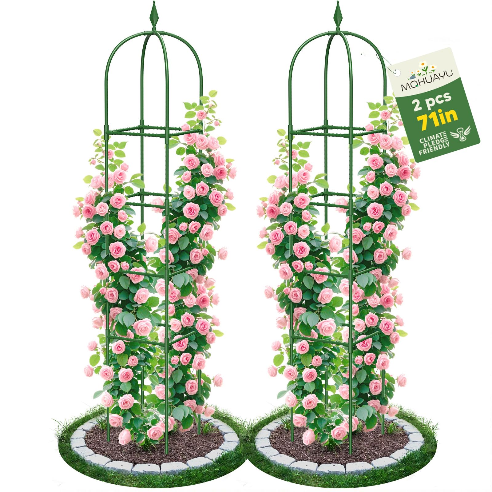 MQHUAYU 2 Pack Garden Obelisk Trellis for Climbing Plants, 180 cm Metal Rustproof Plant Support Rose Trellis, Tower Potted Cages for Flowers Fruits Vegetable Vines Indoor & Outdoor, Green(4 Tiers)