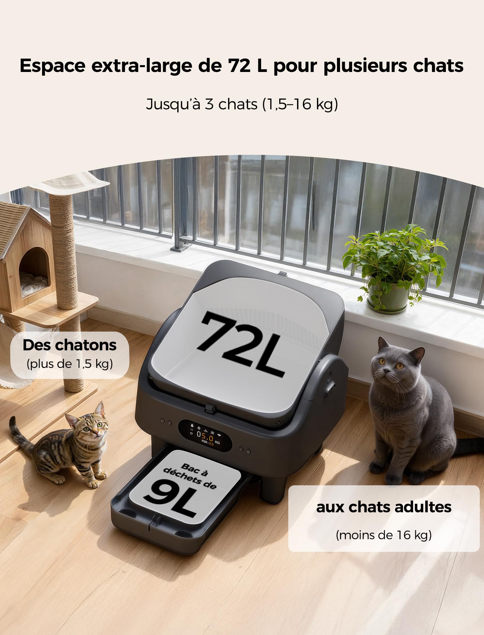 Automatische Selbstreinigende Katzentoilette mit App-Steuerung, 6-Zoll-Smart-LED-Display, 72L Kapazität, 10 Sicherheitssensoren, Geruchskontrolle, Offenes Design für mehrere Katzen, WLAN (2,4/5 GHz)