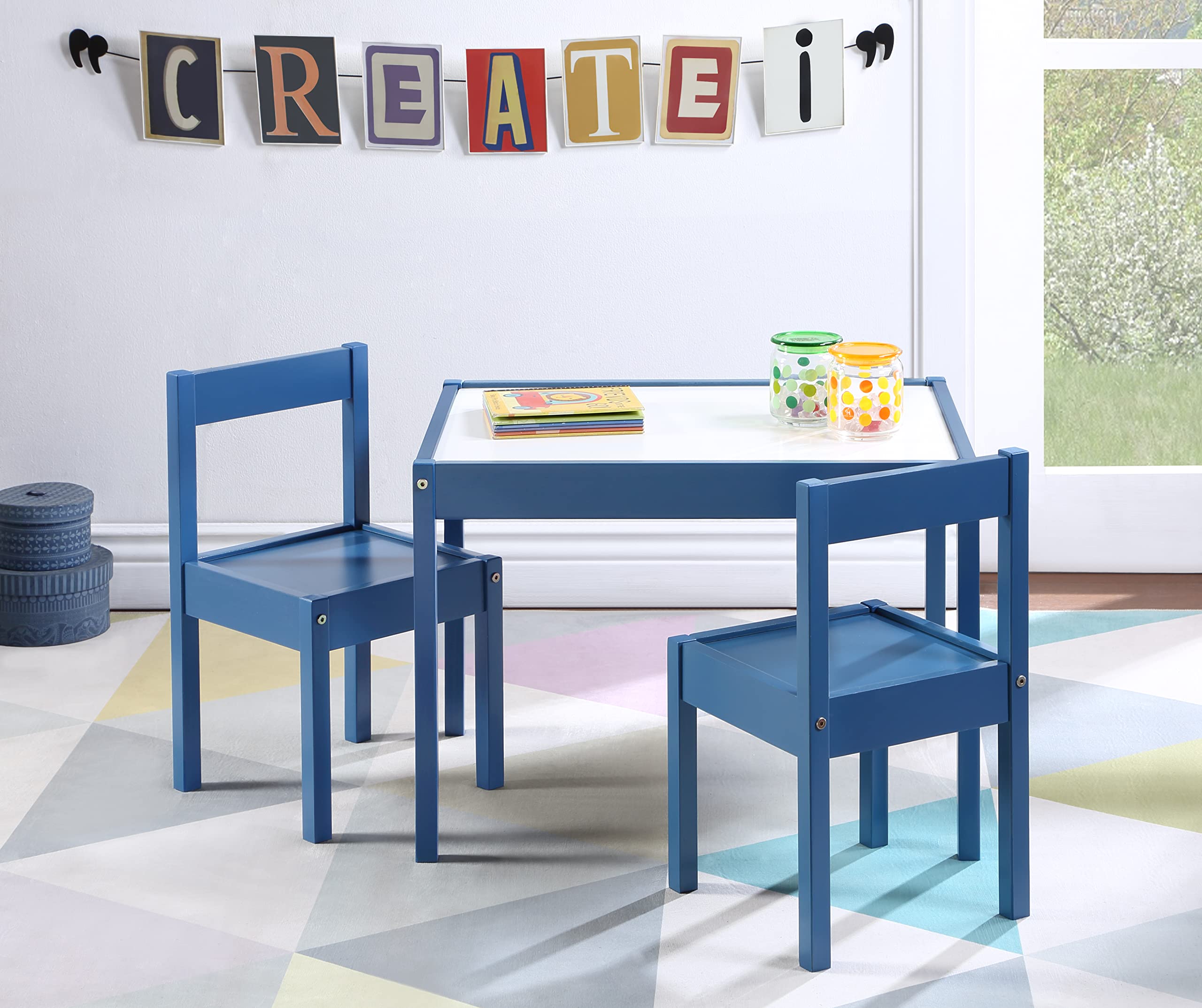 3 Pcs Dry Erase Table Two Chair Set, Dark Blue