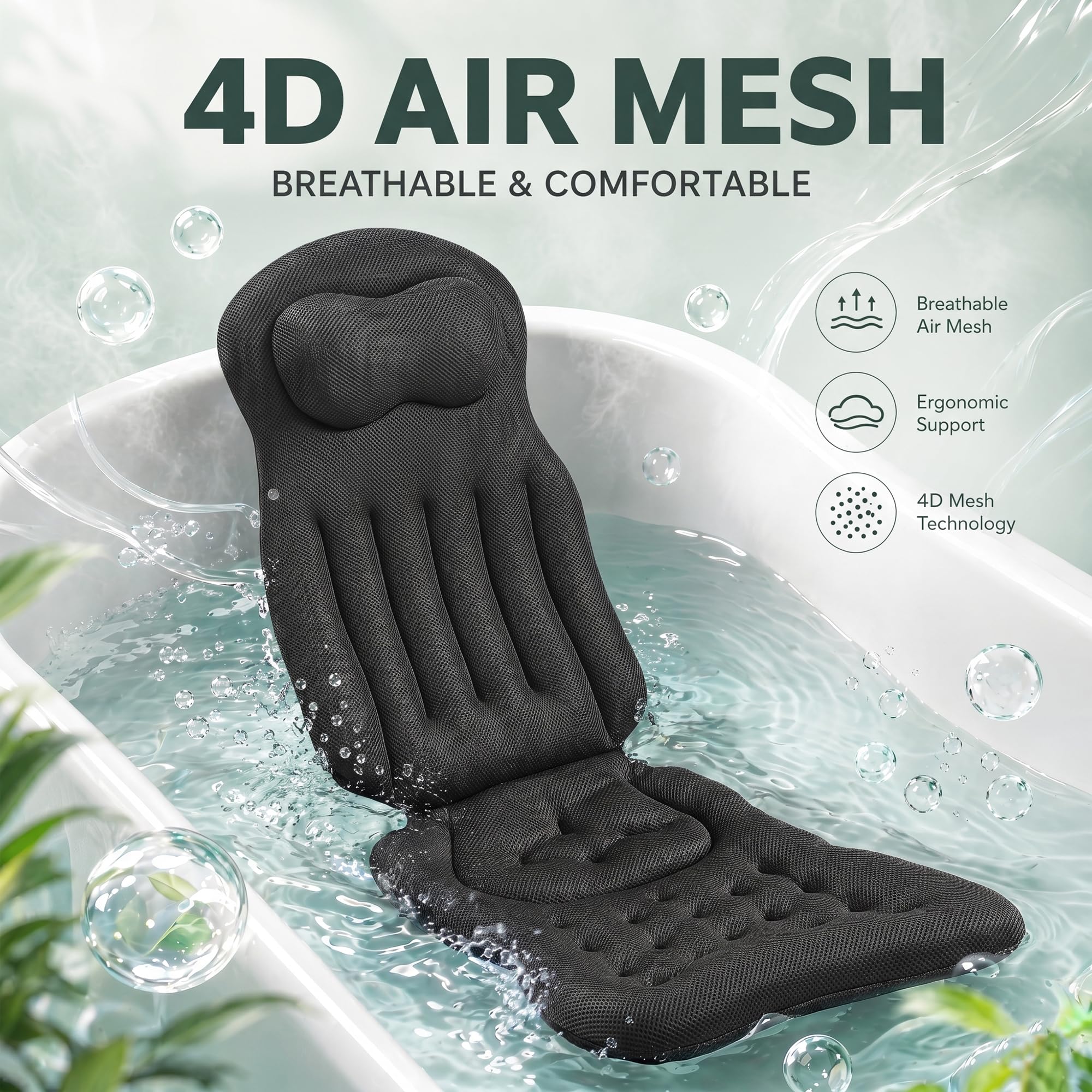 Ganzkörper Badewannenkissen 4D Air-Mesh, Extra Dickes Badekissen mit Bequemer Kopfstütze, Hautfreundlich, rutschfest, Schnell Trocknend, Atmungsaktiv, Luxuriöses Spa Erlebnis für Badewanne