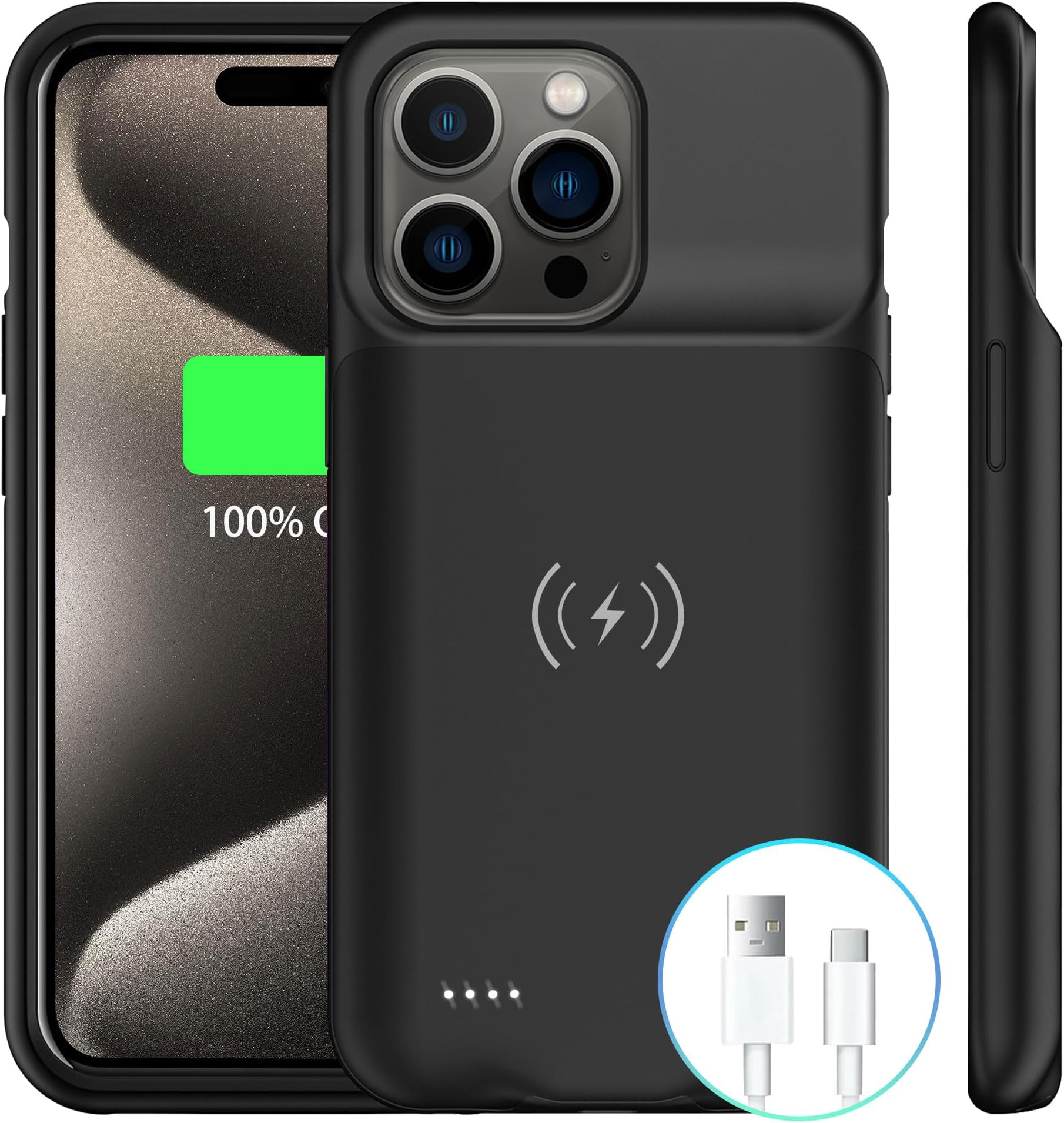 Battery Case Charger Made for iPhone 15 Pro Max, Type-C Ultra Slim Protective Charging Case, Wireless Slim 8500mAh Portable Rechargeable Charger - Black (2023)