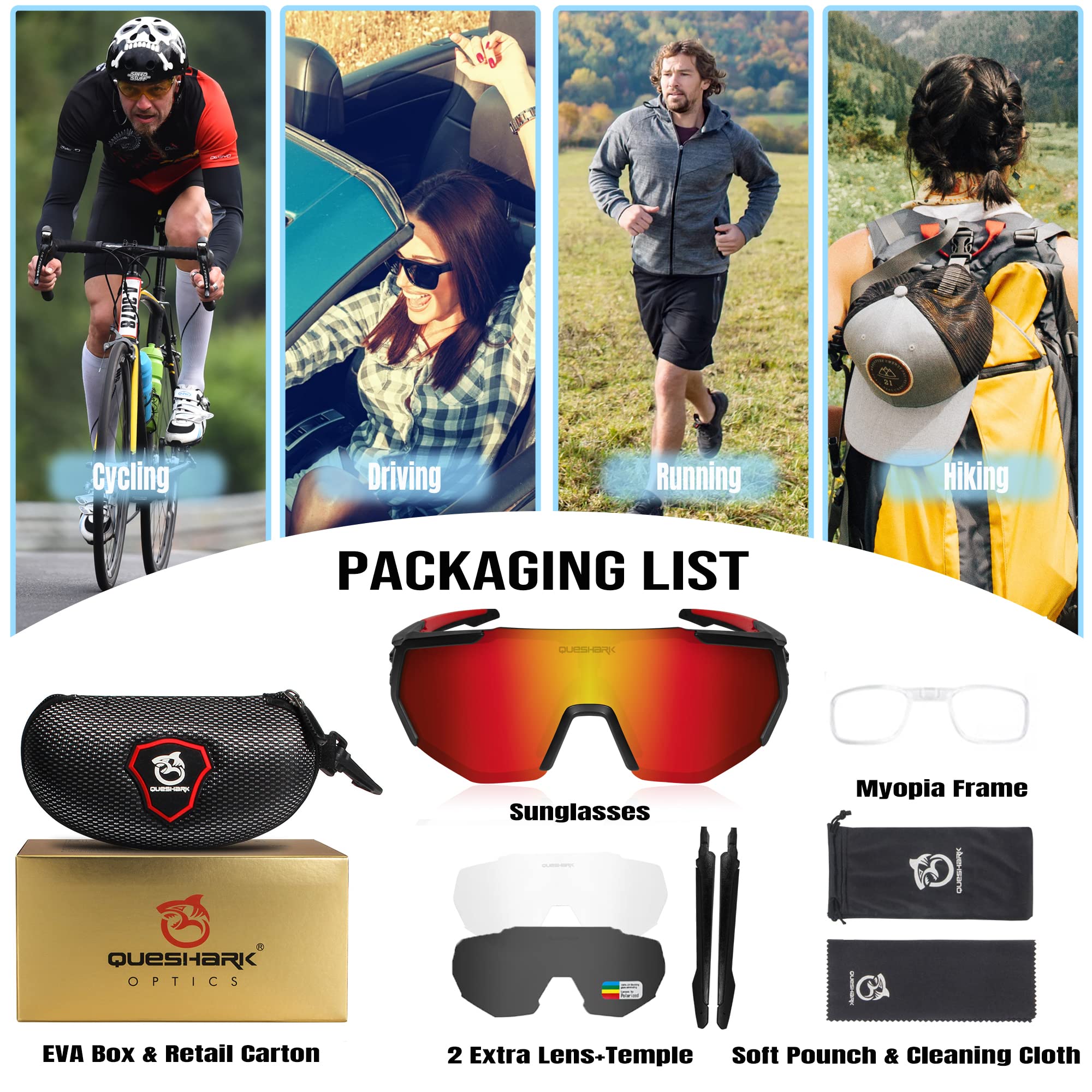 Queshark Polarizzati Anti-UV con 3 o 5 Lenti Occhiali da Ciclismo Bici MTB Intercambiabili per Sport Uomo Donna Guida Pesca Golf Baseball Corsa