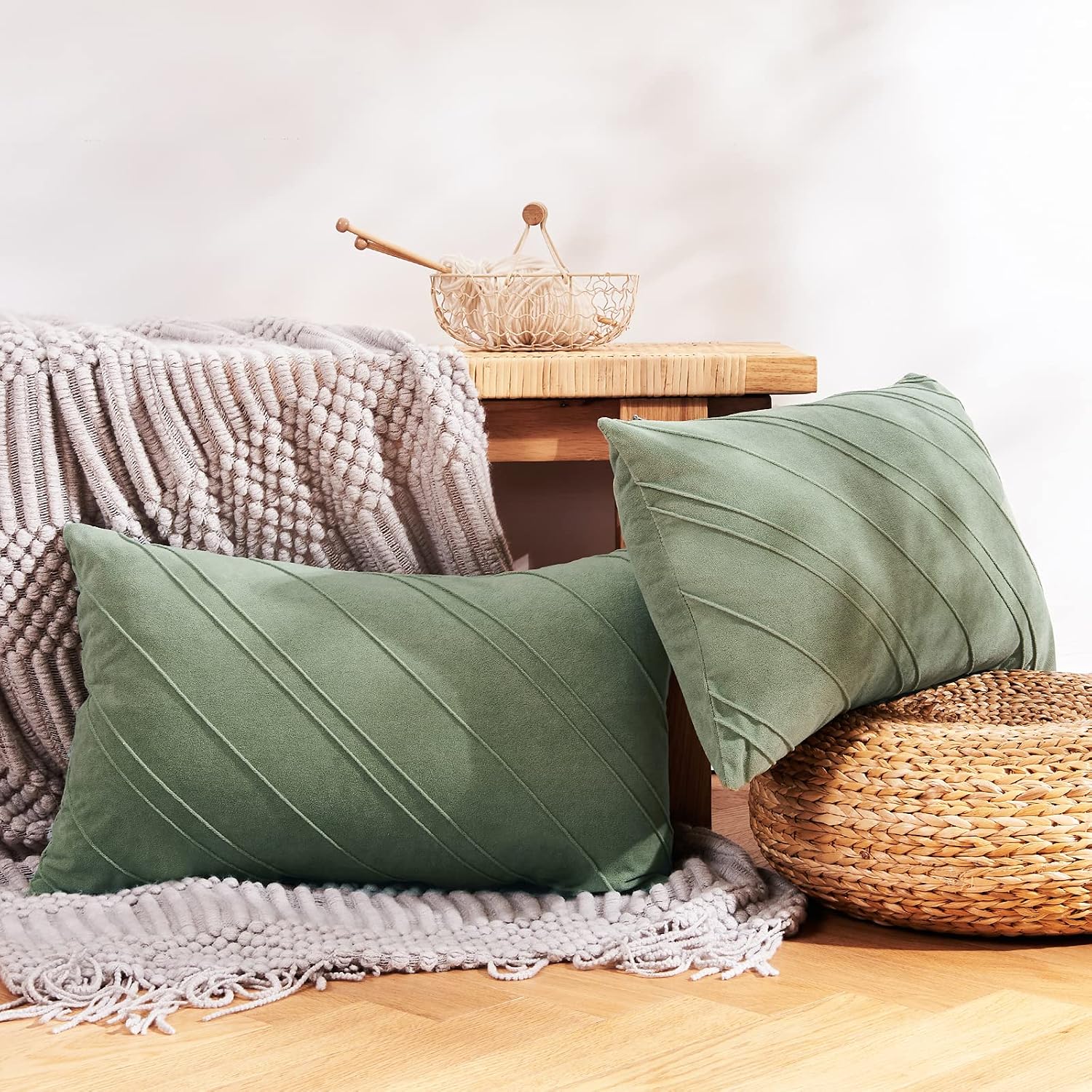 NEERYO Pack of 2 Boho Stripe Decorative Throw Pillow Covers Suede Rectangle Cozy Solid Accent Cushion Case for Christmas Decor Home Sofa Bedroom Living Room Couch 12 x 20 Inches Patina Green