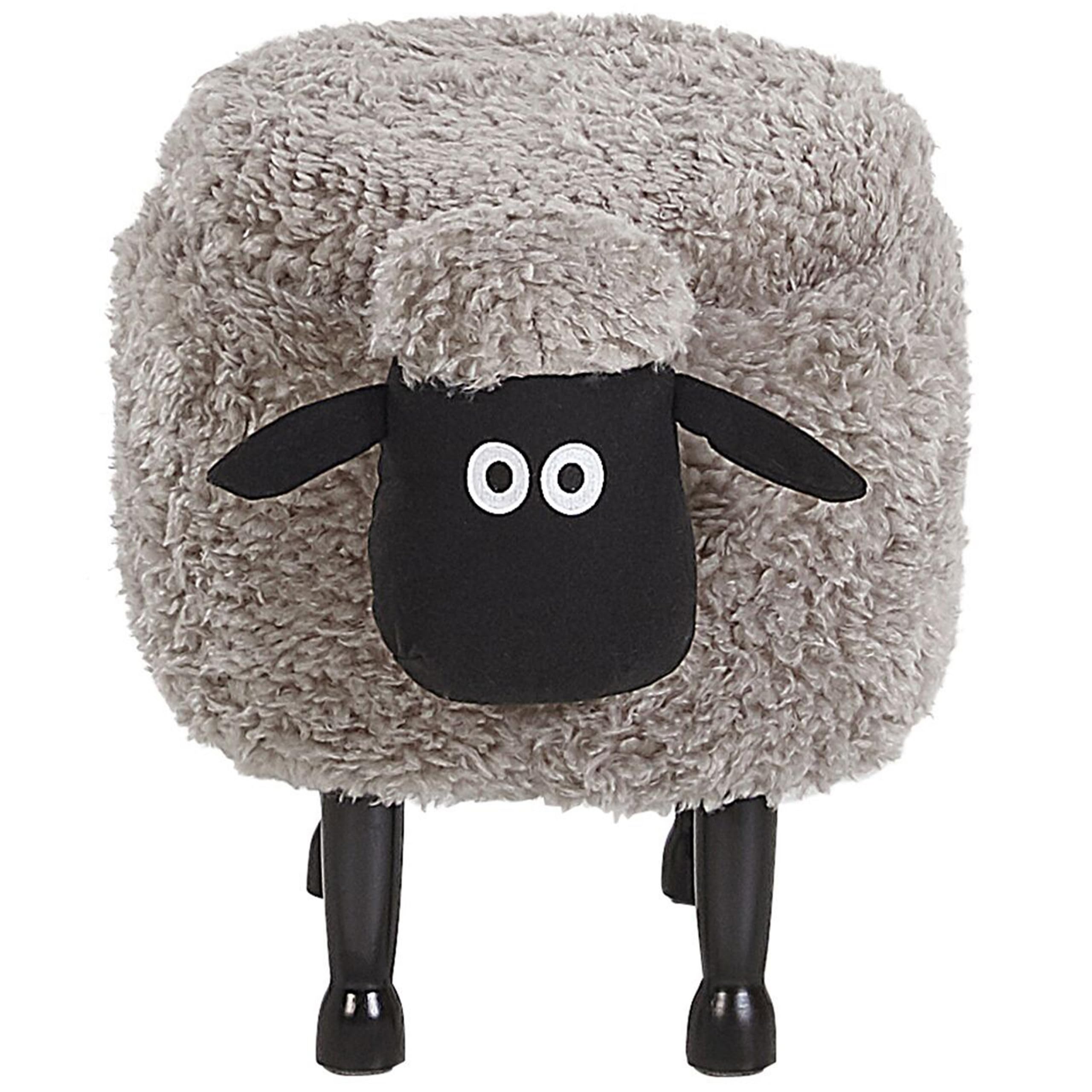 Beliani Pouf Tabouret pour Enfant en Forme de Mouton en Tissu Gris et Pieds Bois avec Coffre de Rangement