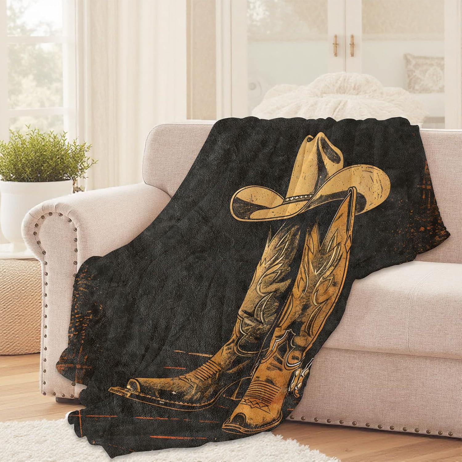 Cowboy Hat and Boots Throw Blanket for Girls Boys Kids Adults, 60x80 in, Cozy Flannel Blanket for Bedroom, Camping, Couch, Room Decor, Fuzzy Warm Soft Gifts