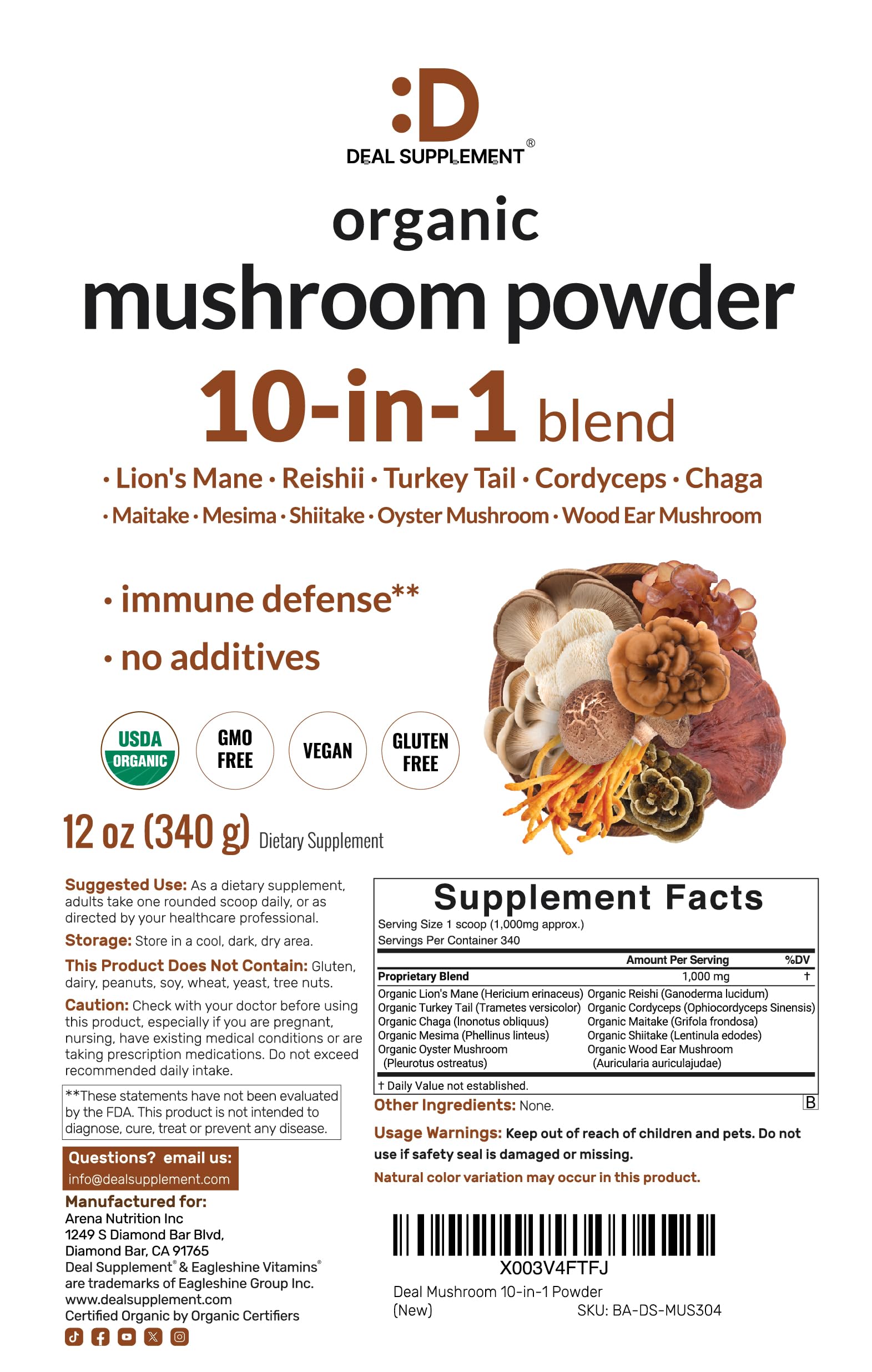 DEAL SUPPLEMENT Organic Mushroom Powder Supplement, 12oz – 10 in 1 Active Blend – Shiitake, Lions Mane, Cordyceps, Chaga, with More — Amazon image 8