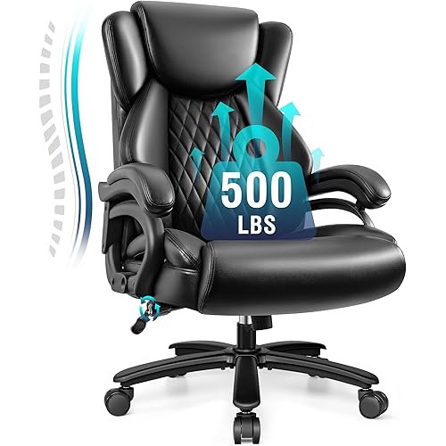 Big and Tall Office Chair 500lbs, Heavy Duty Executive Desk Chair with Adjustable Lumbar Support, Comfy Padded Cushion, Ergonomic PU Leather Home Computer Chair with Extra Wide Seat, Black