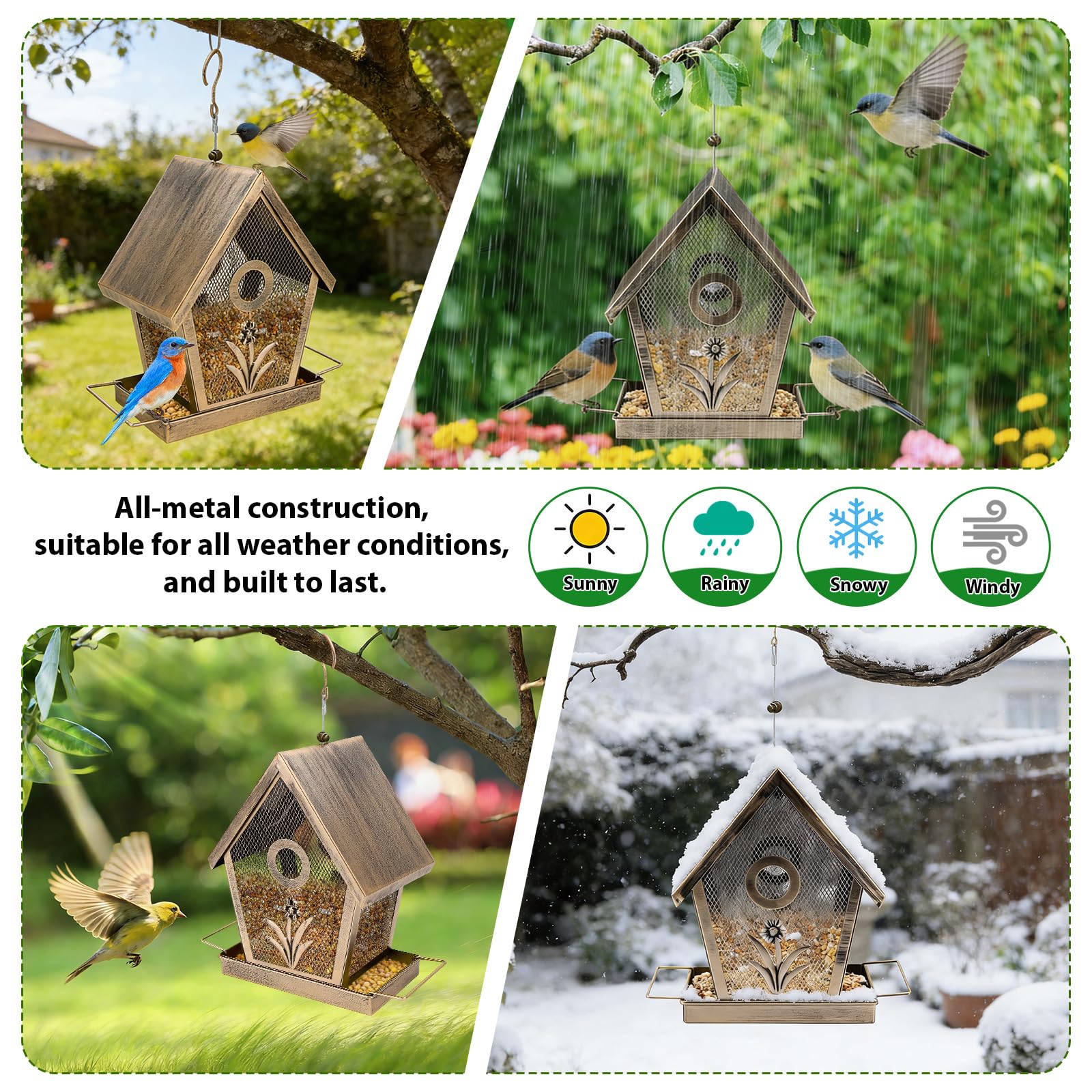 Comedero para pájaros de metal colgante para pájaros silvestres, resistente al agua, pequeño comedero para pájaros, capacidad de 1,1 kg, para pájaros silvestres, jardín, patio — view 7
