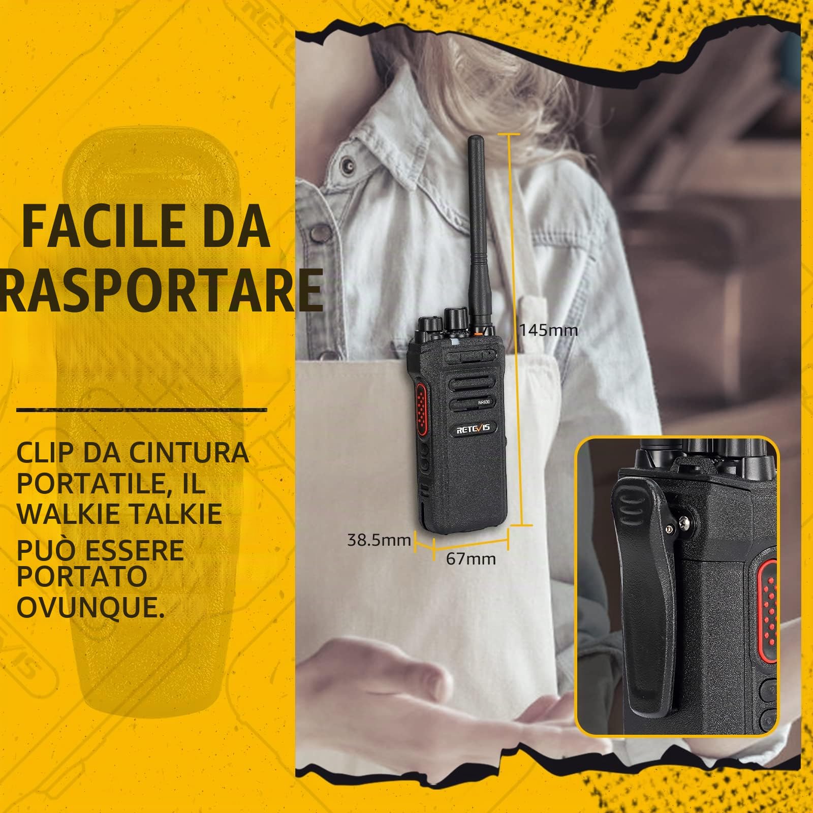 Retevis NR630 Walkie Talkie Professionali, Ricetrasmittenti a Lungo Raggio,Chip di riduzione del rumore, IP67 Impermeabile, 2800 mAh, Radio con Auricolare per Bar, Ristorante (2 Pezzi, Nero)