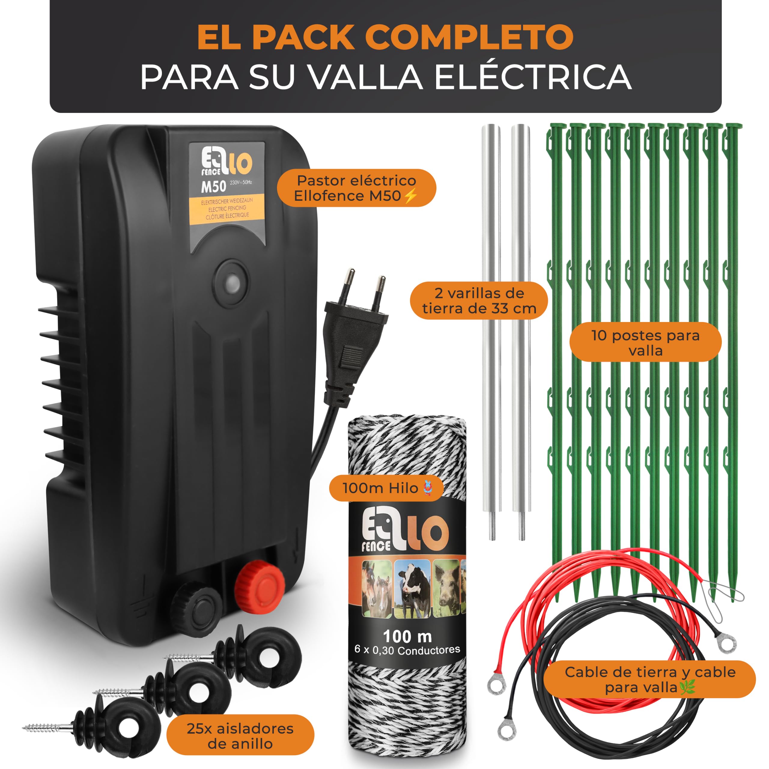 Kit inicio M pastor eléctrico con 100m hilo y 10 postes | Incluye 100m de hilo, 10 postes, aisladores de anillo y puesta a tierra para gatos y animales pequeños.