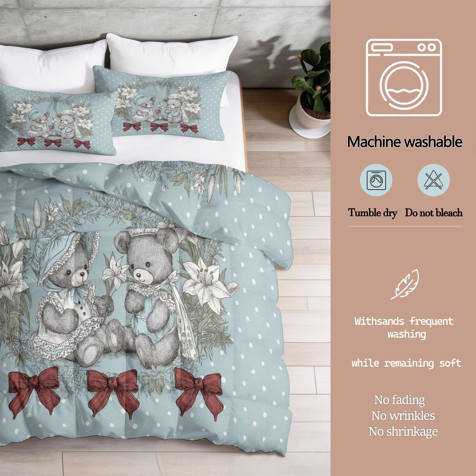 Edredón sin funda de edredón individual de 4,5 tog, 135 x 200 cm, acolchado de verano, estilo shabby chic, oso de peluche y lirio blanco, colcha reversible con estampado de animales, lunares, manta