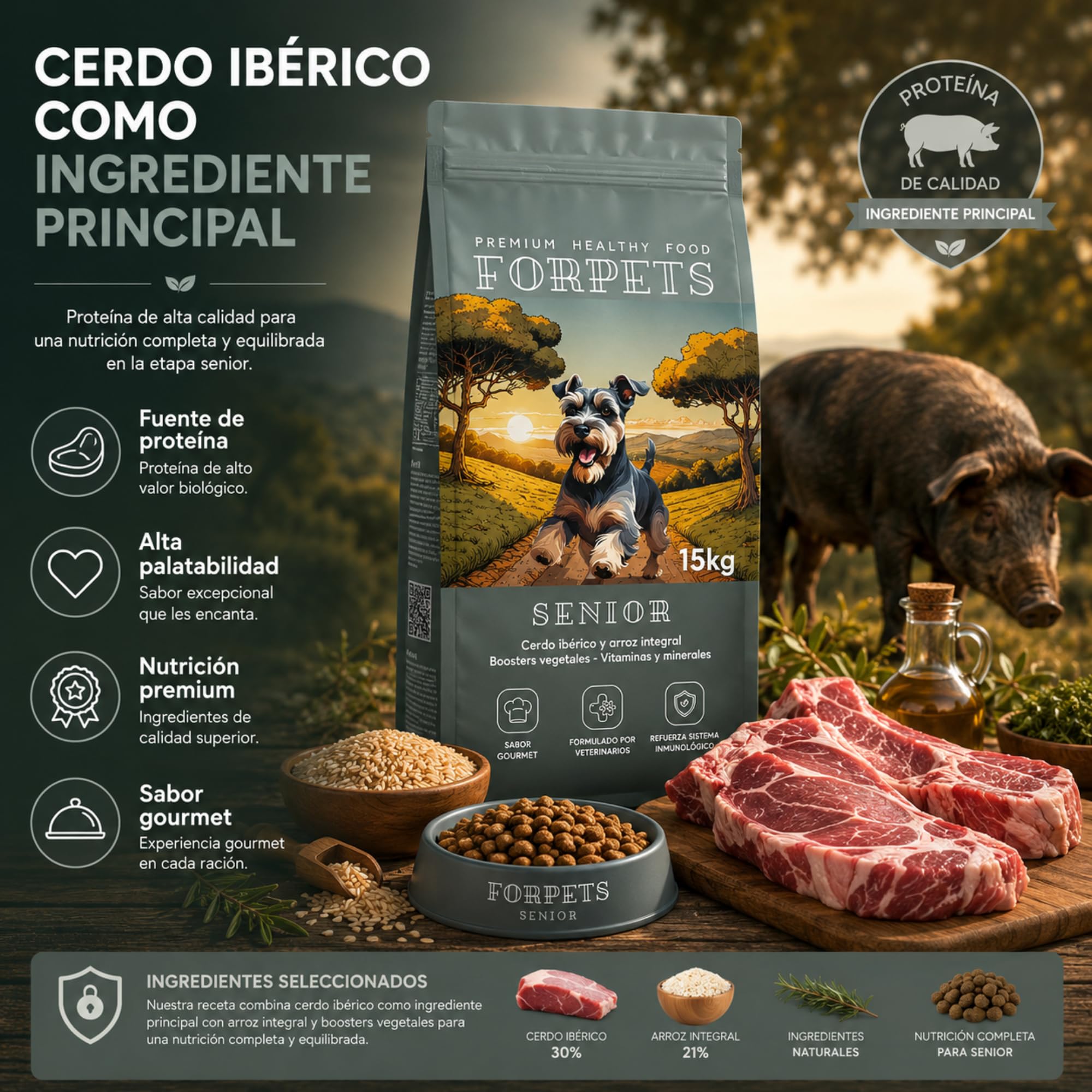 Pienso Senior para Perros Mayores 15 kg | Articulaciones con Glucosamina y Condroitina | Digestión Sensible, Piel Sensible | Razas Medianas y Grandes | Cerdo Ibérico y Sin Gluten | FORPETS