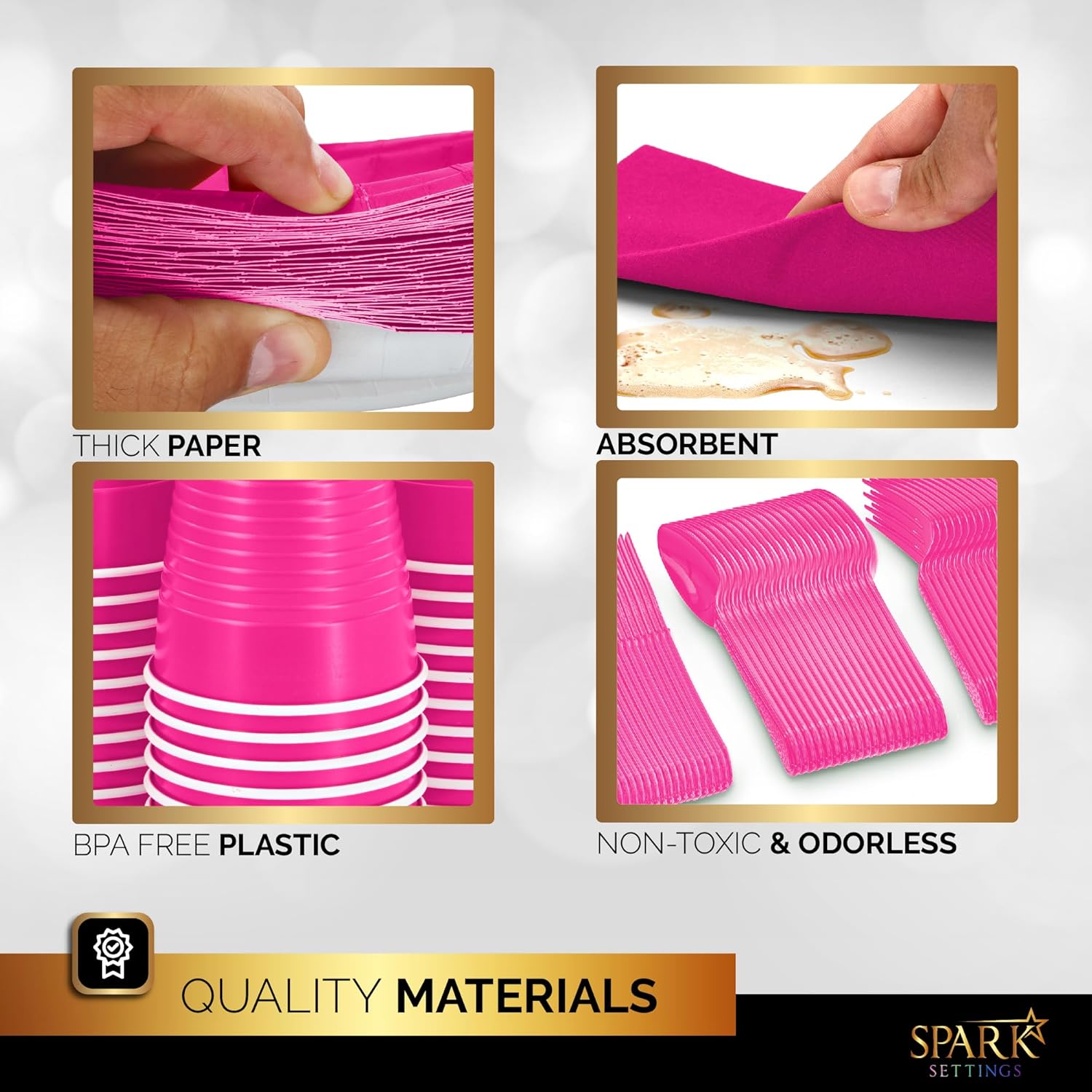 Bright Pink Party Supplies Set Paper Plates Plastic Cups Forks Knives Spoons Napkins Tablecloth Serves 20 Guests Disposable Dinnerware Set of 222 Pieces, Complete Tableware for Party -By SparkSettings