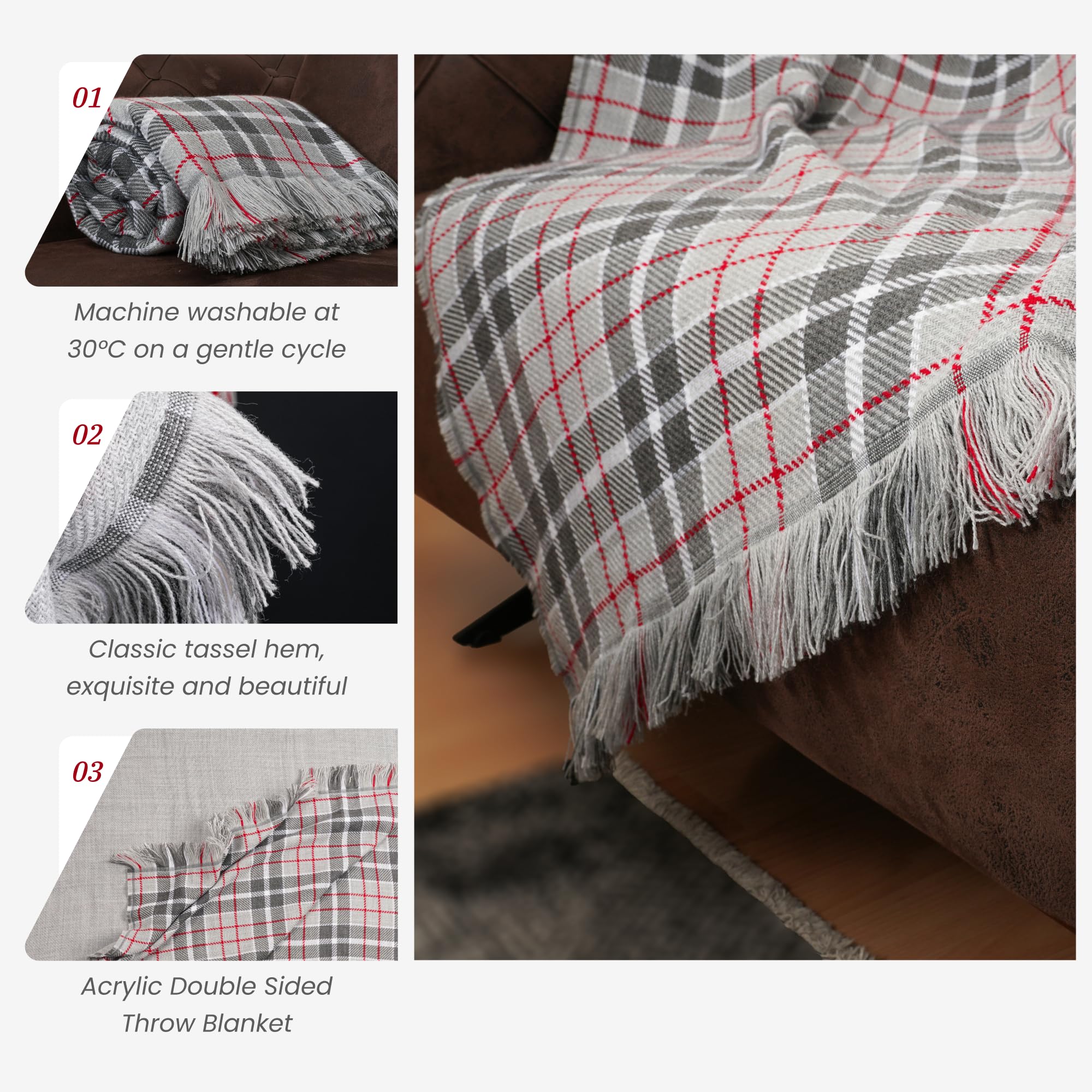 Ultra Soft 100% Wool Tartan Throw Blanket - 140x200 Cm With Tassels, Grey Plaid For Sofa, Bed, Travel