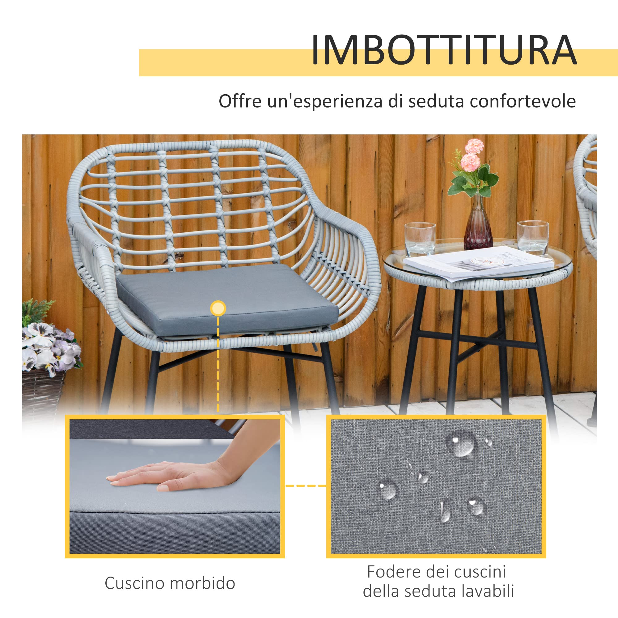 Outsunny Set Mobili da Giardino in Rattan PE 3 Pezzi, Salotto da Esterno con 2 Sedie e Tavolino in Vetro, Grigio