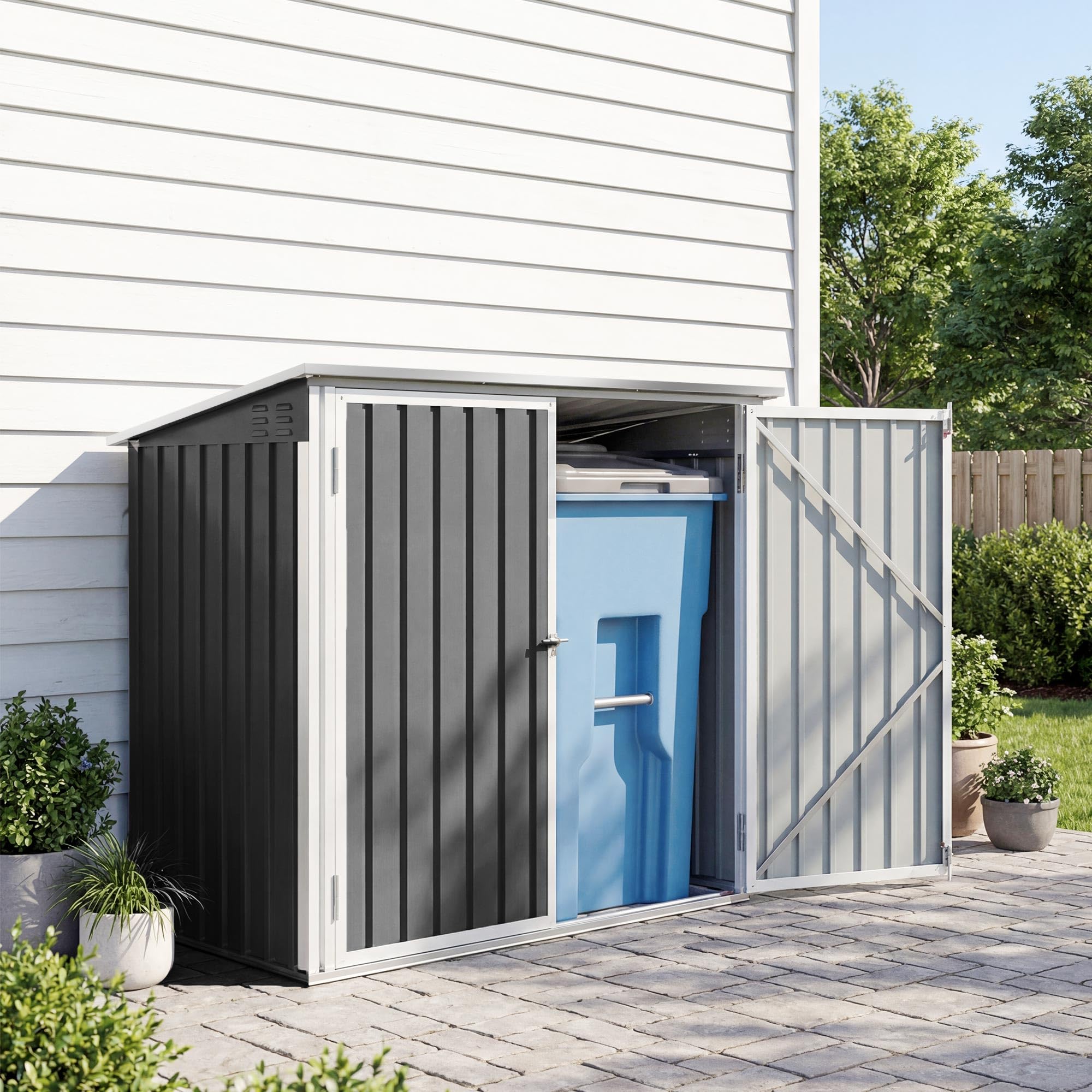 Outsunny Casetta Spazzatura Esterna 1.91m² Acciaio Zincato 2 Porte Bloccabili Tetto Apribile Prese d'Aria, Grigio Scuro