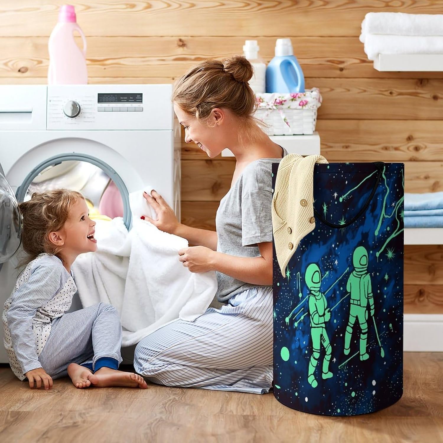 Glow in The Dark Laundry Hamper with Handles Waterproof Collapsible Laundry Basket Large Lightweight Round Dirty Clothes Hamper for Home Dorm Bathroom Decor