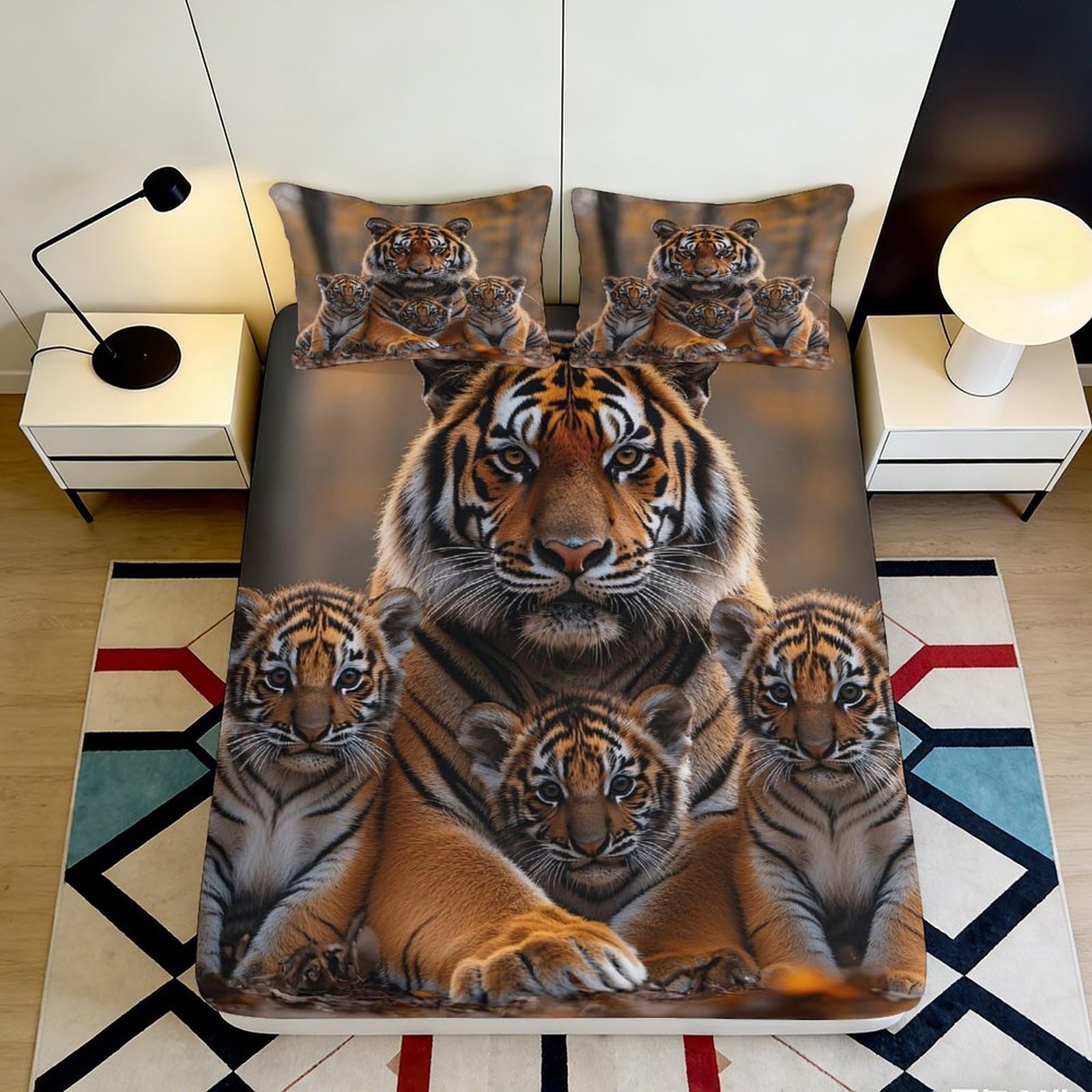 Decor Tiger Fitted Sheet 3D Printed Microfiber, Soft Touch, Wrinkle Resistant, Bed Sheet for Bedroom, Guest Room Bedding, Easy Care, Stylish Accent, 180x200x25cm