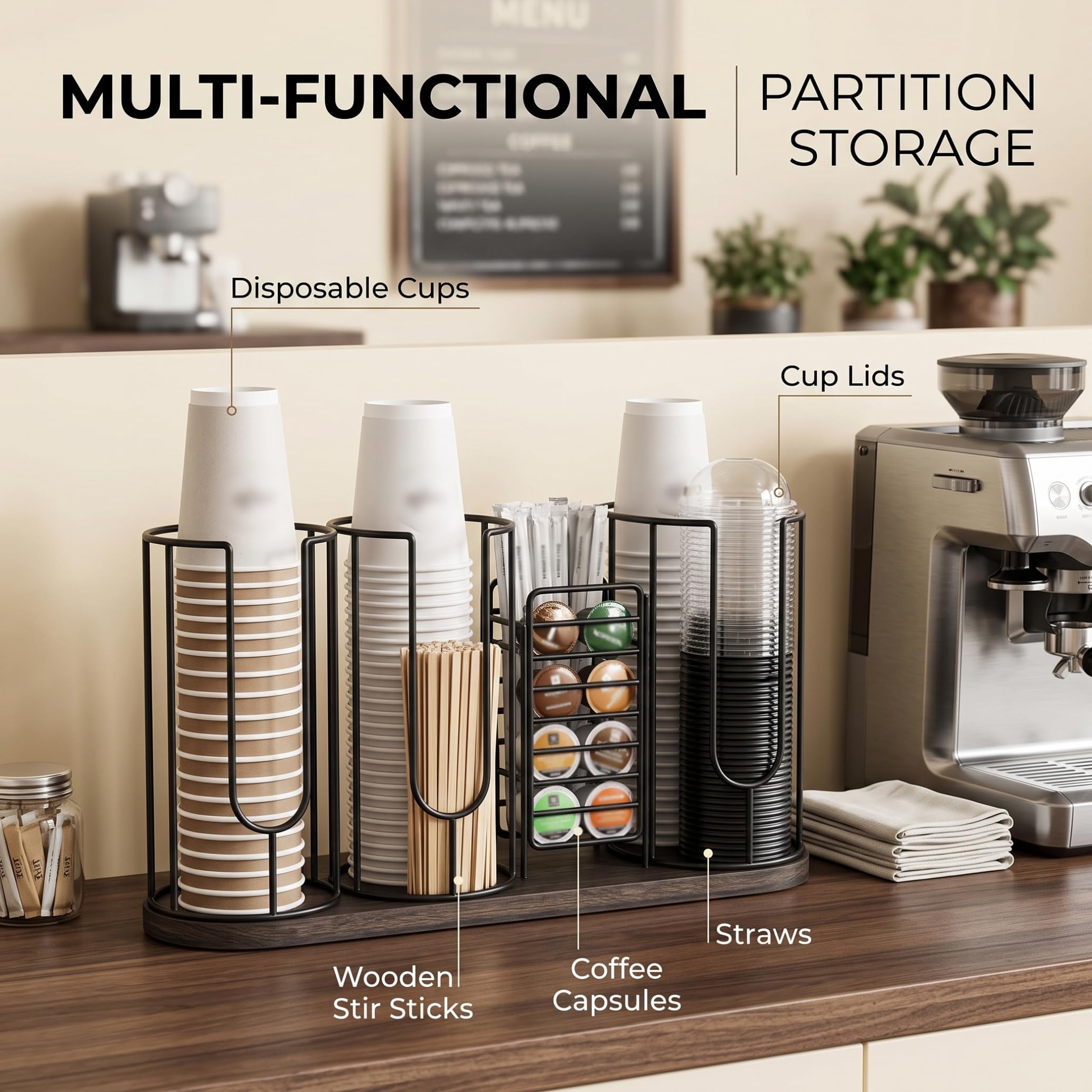 Einweg-Kaffeetassenhalter, Pappbecherspender mit 4 Fächern für die Arbeitsplatte, Kaffee-Organizer mit Holzsockel für die Bar, Schwarz