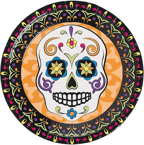 Fun Express - Plato de cena del Día de los Muertos (8 piezas) para Halloween - Suministros de fiesta - Vajilla impresa - Platos y cuencos impresos -
