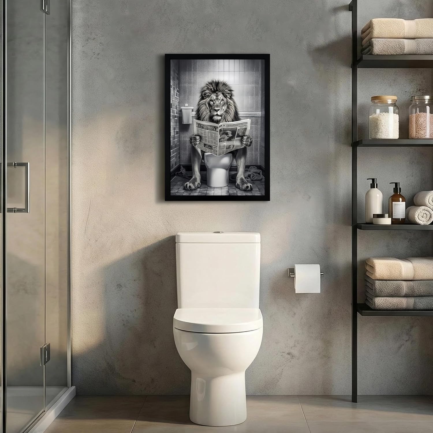 WRFON Framed Lion Bathroom Wall Art, Funny Lion Reading Newspaper on Toilet Bathroom Artwork, Black and White Animal Canvas Wall Painting, Modern Farmhouse Decoration for Home Decor, 16" W x 24" L