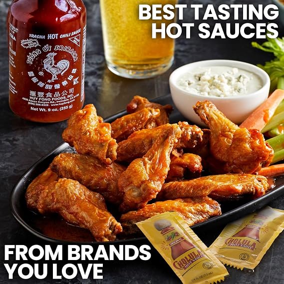 Condiment and Hot Sauce Packets Variety Pack - 325-ct Single Serve Ketchup Packs, Mayo and Mustard & Salsa Picante Selection w/Tabasco Pepper Sauce, Spicy Sriracha & Mini Mexican Hot Sauce Packets