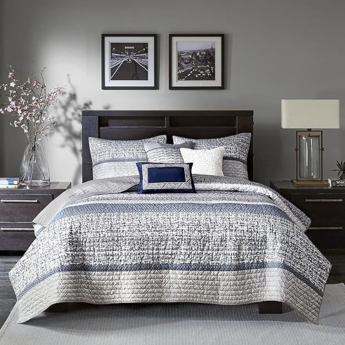 Madison Park Juego de edredón Queen de jacquard lustroso y purpurina, conjunto de cubrecama para cama tamaño Queen para todas las estaciones, juego