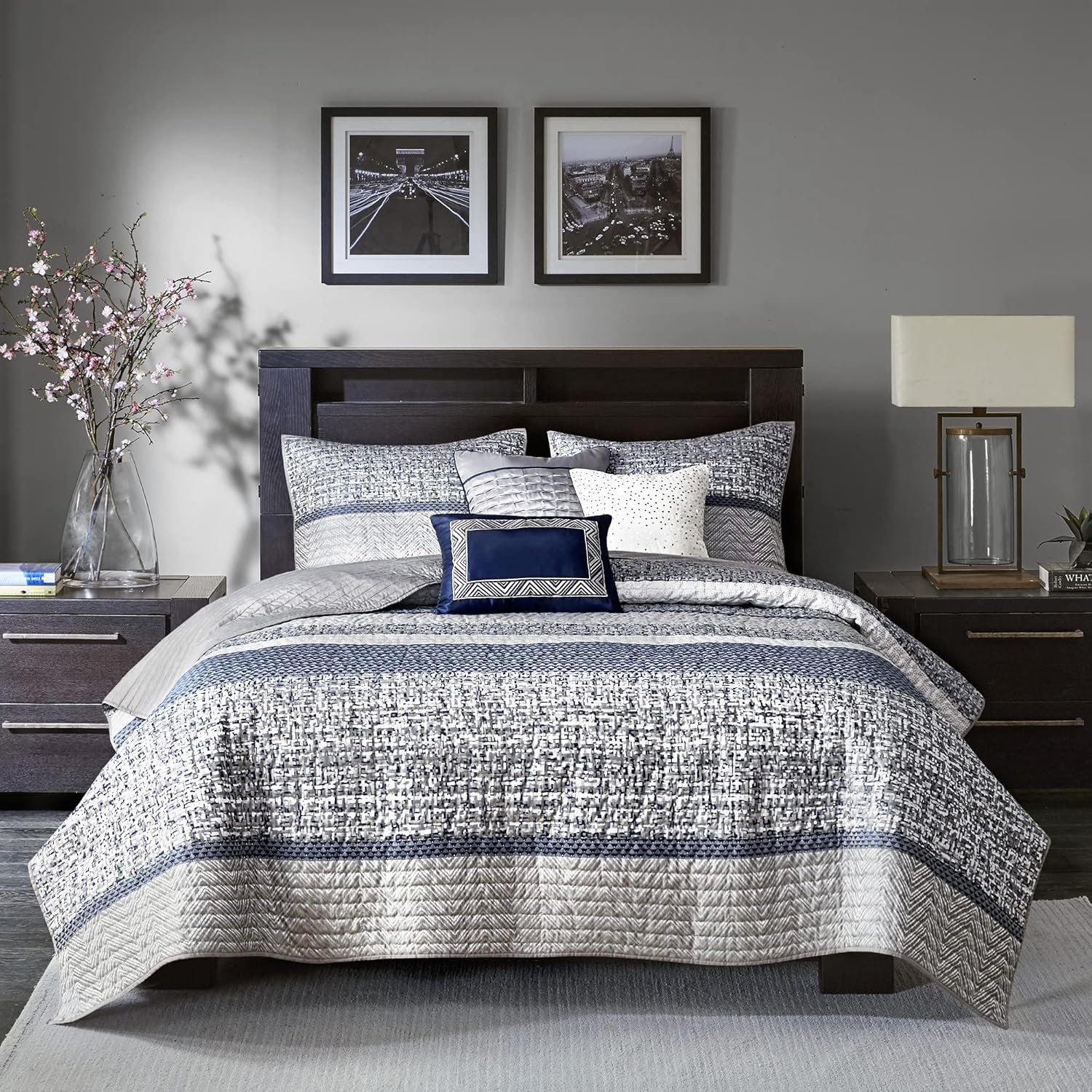 Madison Park Queen Quilt Set Lustrous Jacquard & Glitter Accent Coverlet Set for Queen Size Bed - All Season, Lightweight Queen Quilt Set, Shams, Decorative Pillow, Full/Queen Chevron Grey/Navy