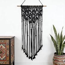 Esshogo Black Macrame Wall Hanging Boho Decoration, Cotton Boho Room Decoration, Natural Driftwood Bohemian Wall Decoration, Macrame Tapestry