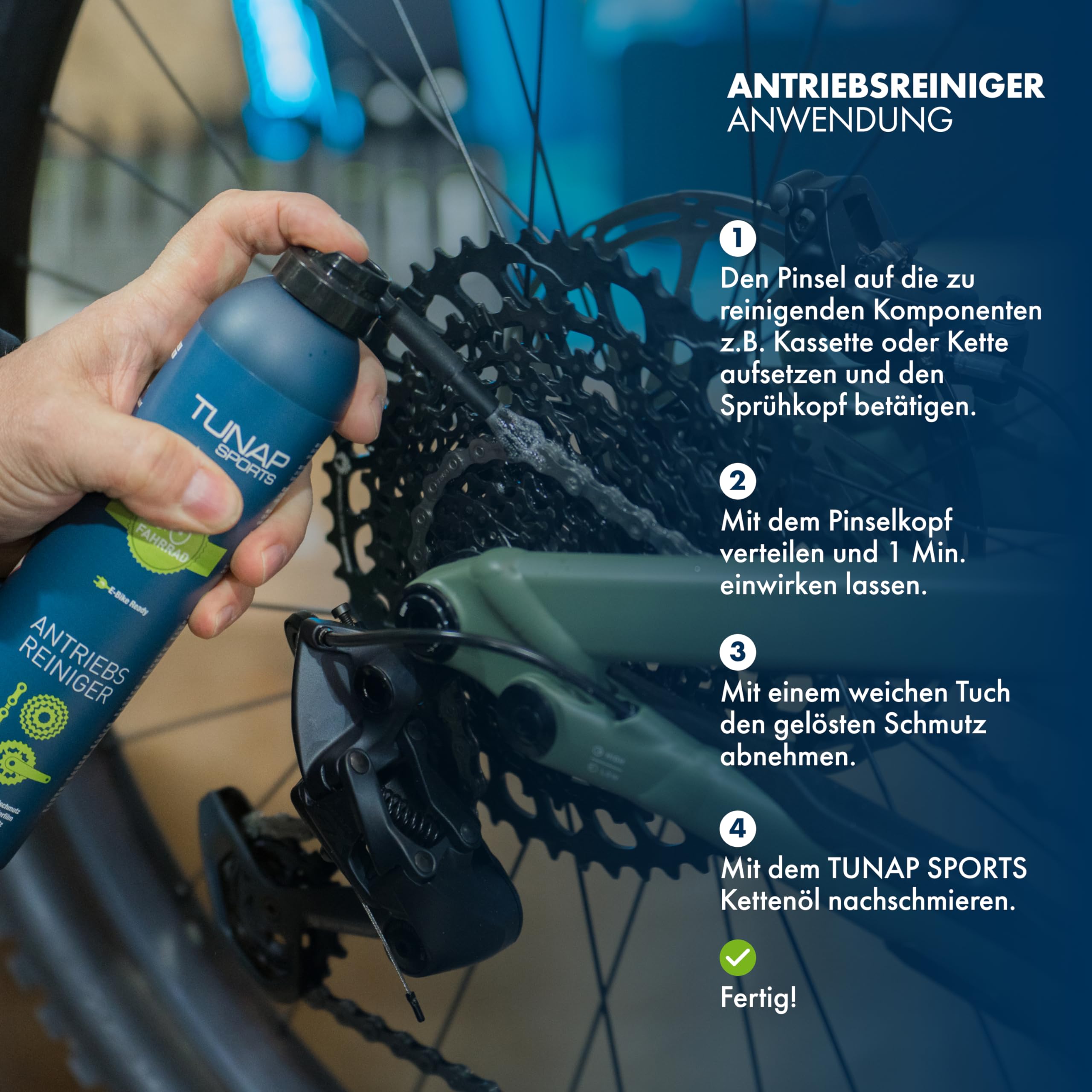 TUNAP SPORTS E-Bike Pflege- & Reinigungs-Set | All-in-One Wartungsset für Kette, Rahmen & Reifen | inkl. Kettenöl, Reiniger, Pannenspray, Multiöl, Kettenbürste & Wascheimer | Wirkt einfach besser!