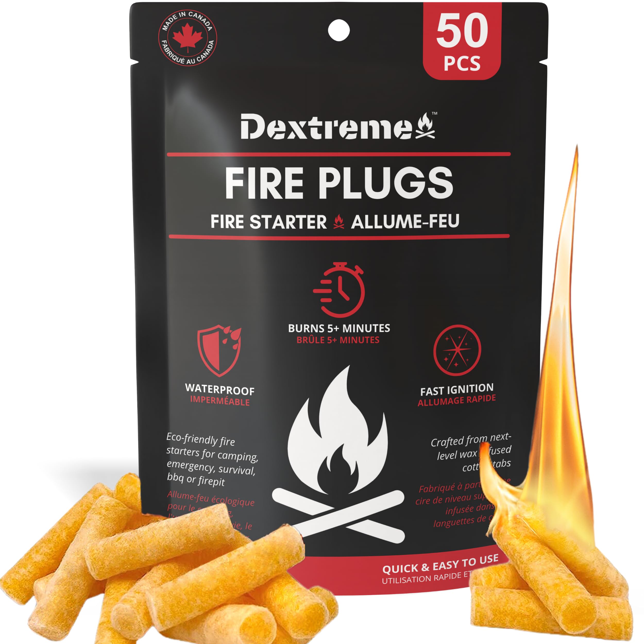Dextreme Fire Plugs (50 Plugs) Waterproof Fire Starter for Campfires, Emergencies, Survival, Fire Pits, Grills | Can Light 50+ Fires | 5+ Minute Burn | All Natural | Made in North America