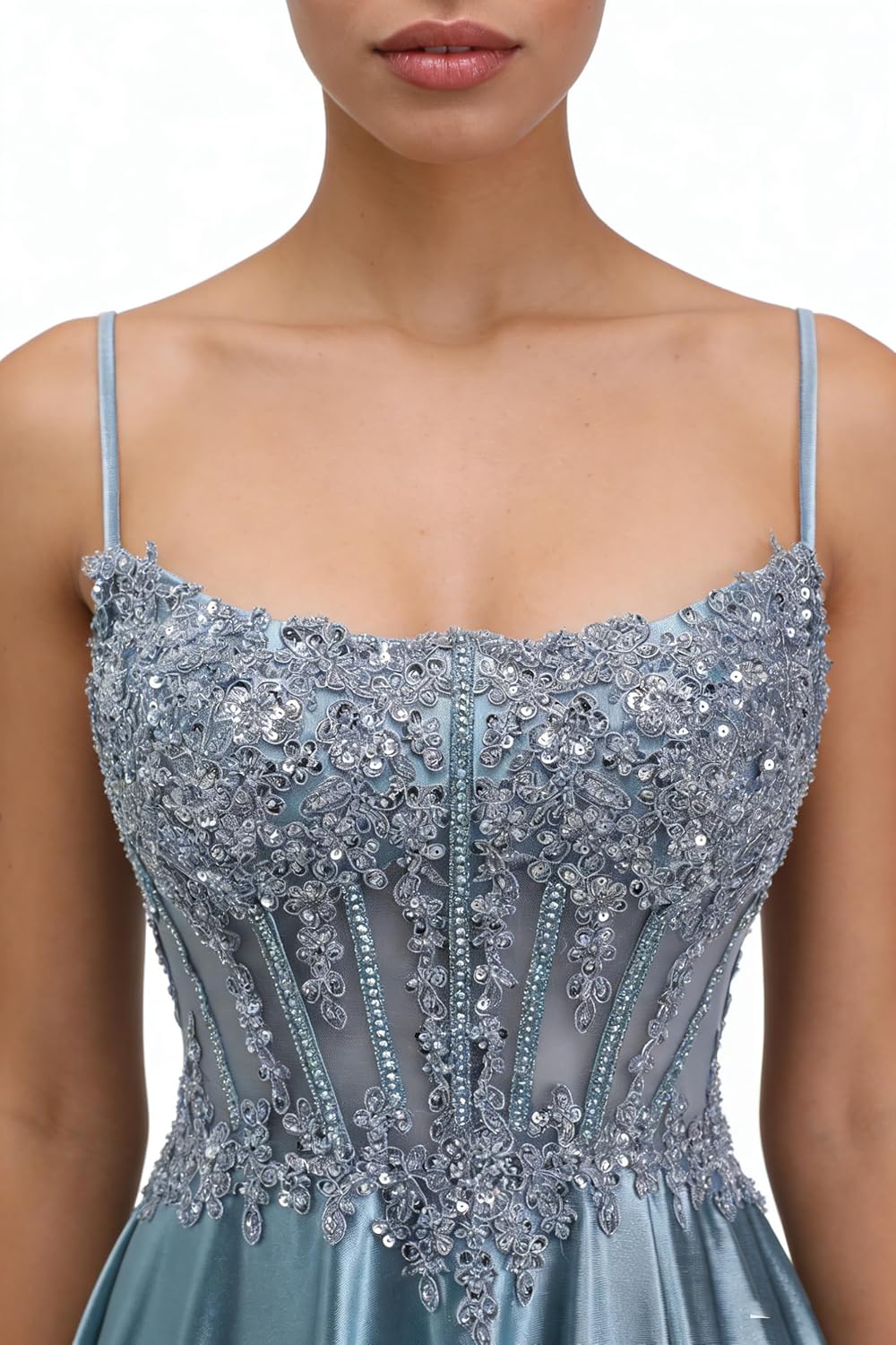 Spaghetti Strap Satin Prom Dresses Long Beaded A-Line Evening Gown Lace Applique Formal Dress with Slit