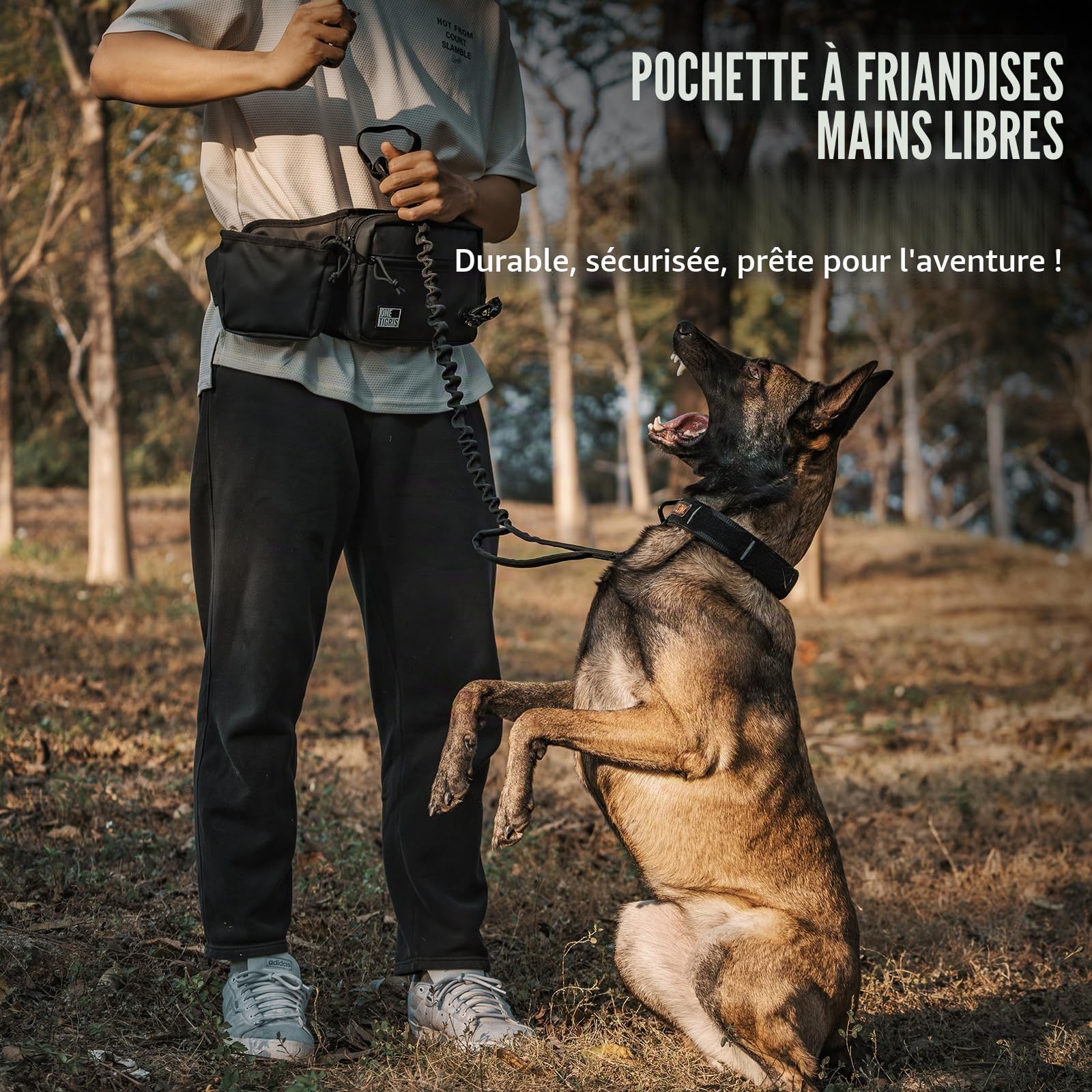 OneTigris Sac friandise Chien, Grande capacité Sac Banane étanche Multifonction, Distributeur pour Sacs à Déjections, Compartiment pour téléphone Portable, Pochette Friandise Fermeture Magnétique