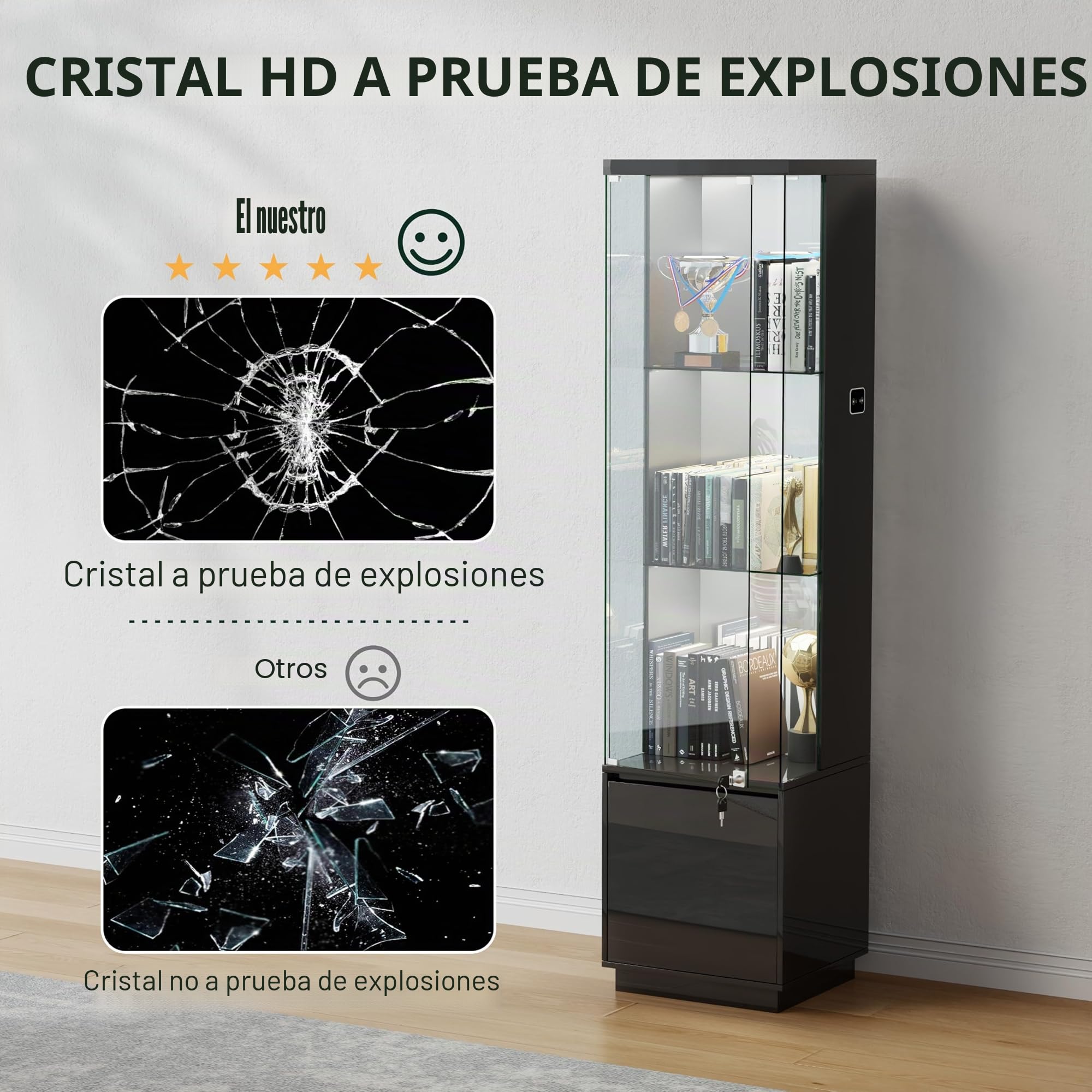 Lvifur Vitrina de cristal con iluminación LED y cajones, vertical con sensor inteligente, de madera de vidrio de 3 capas para coleccionables, vino, salón, dormitorio