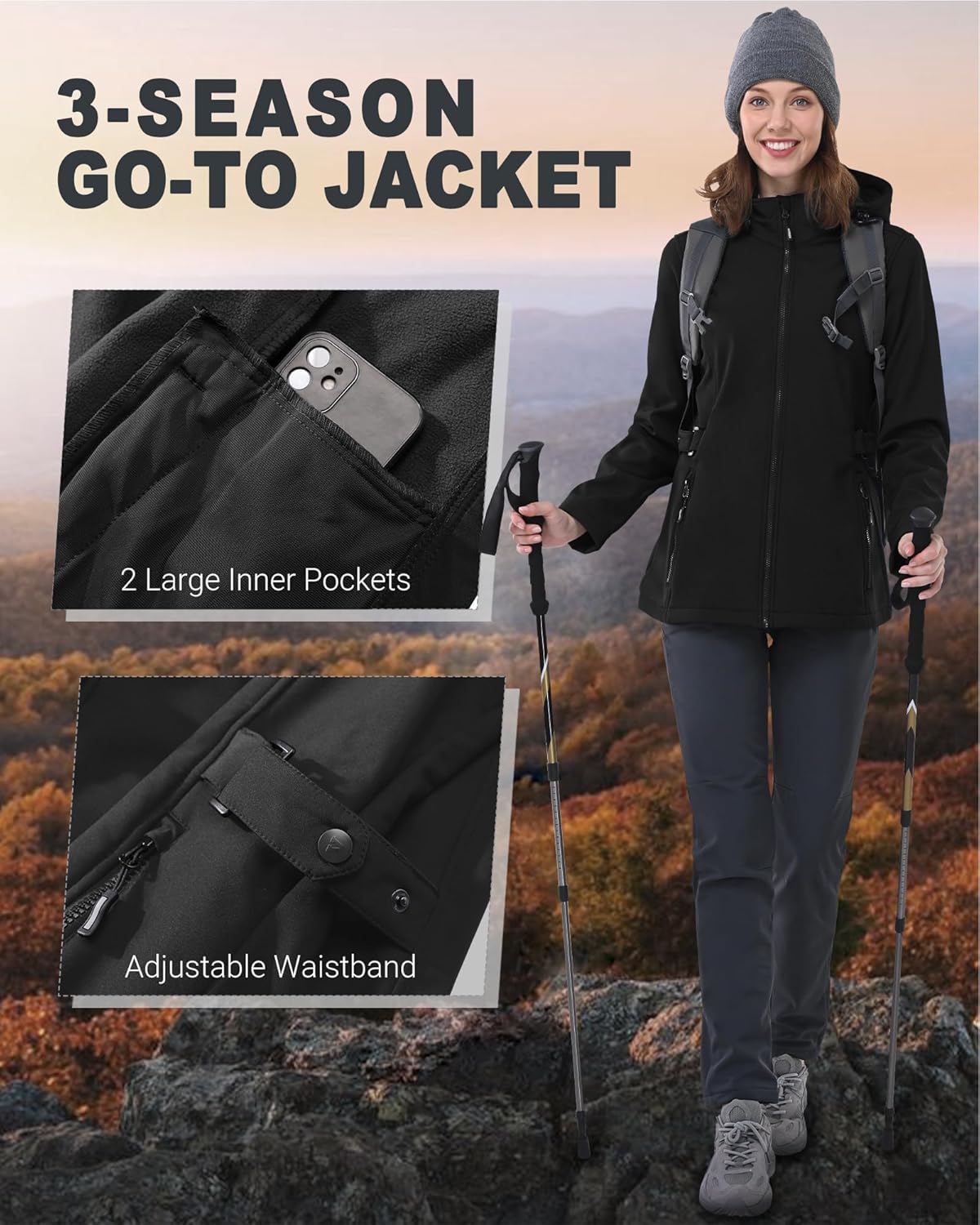 Outdoor Ventures Women's Softshell Jacket with Removable Hood, Insulated Windbreaker Waterproof Warm Fleece Lined Coat - Image 4