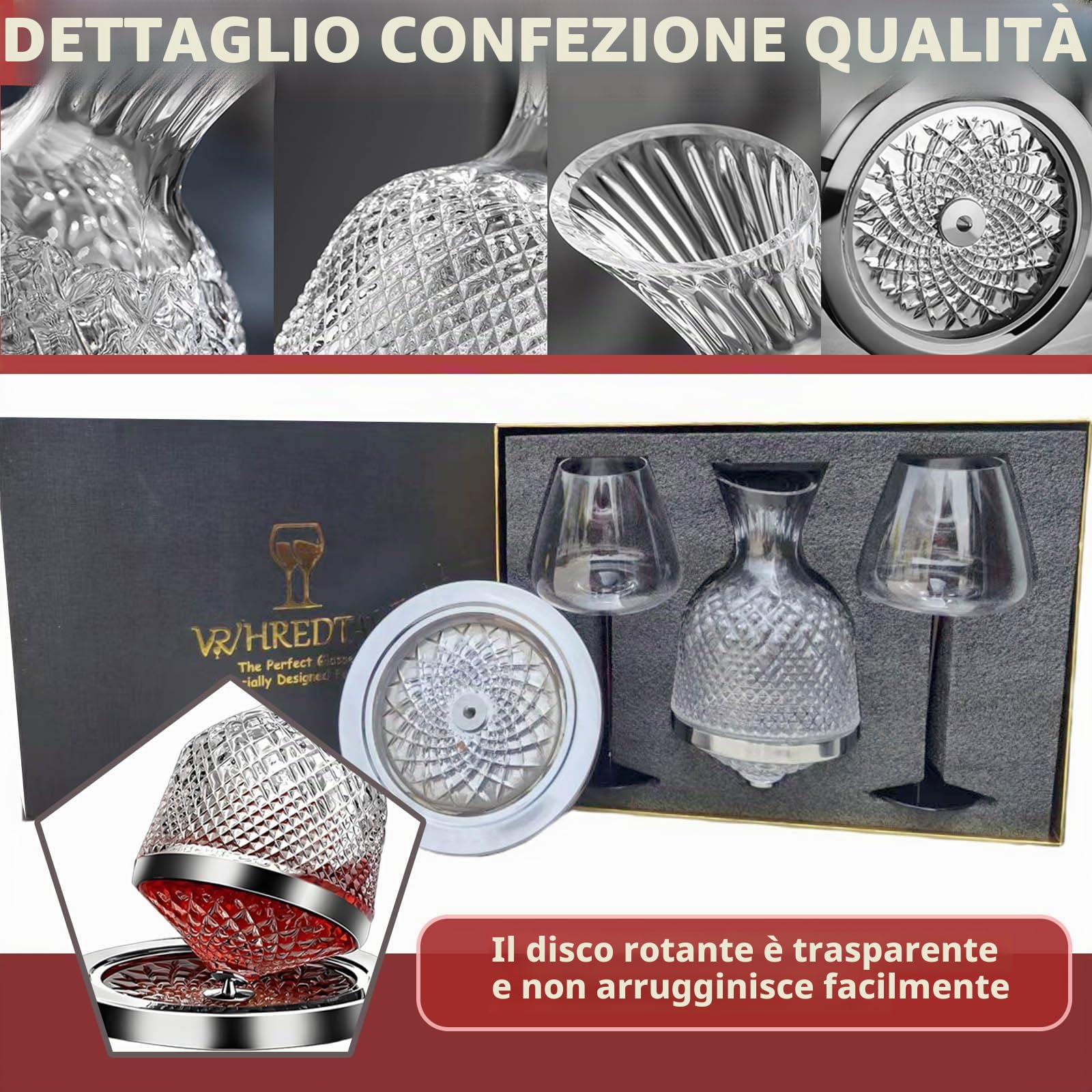 Lussuoso set decanter per vino con 2 bicchieri di cristallo senza piombo, 1500 ml, rotazione a 360° e aerazione rapida, caraffa per vino rosso, regalo per matrimoni, anniversari, pensionamenti