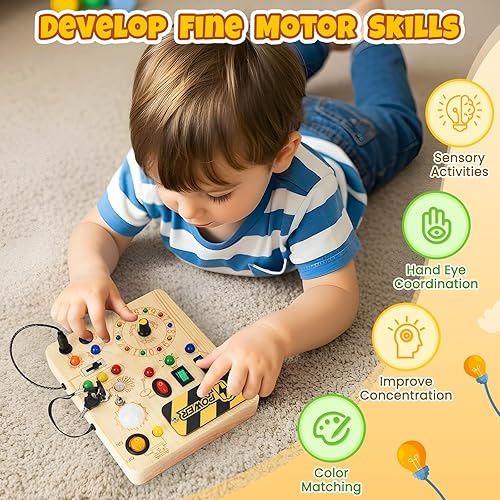 Miniatura 3 de Tablero de actividades, juguetes Montessori para niños de 1 año o más, tablero de actividades con 13 luces LED, juguete educativo de viaje de madera
