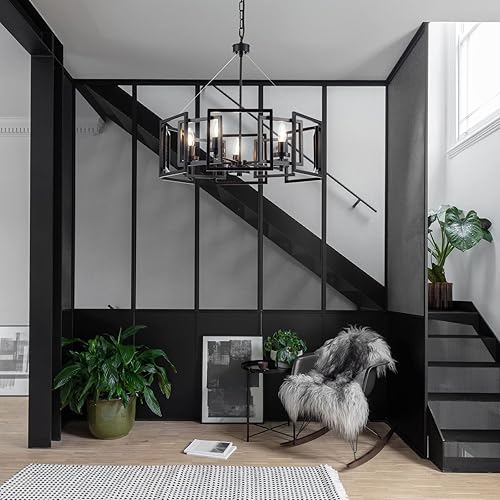 Miniatura 2 de Lámpara de araña de estilo industrial, con acabado negro mate, pantalla geométrica, lámpara colgante para comedor, sala de estar, cocina, isla