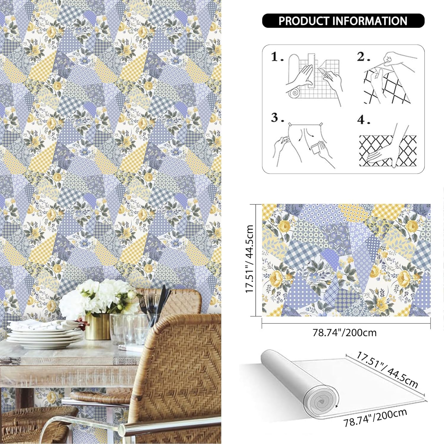 Floral Patchwork Wallpaper Peel and Stick, Vintage Contact Paper Blue and Yellow Florals Cottage Wallcovering Backsplashes Removable Self-Adhesive Wall Paper for Renter Store Home 17.5x78.6inch