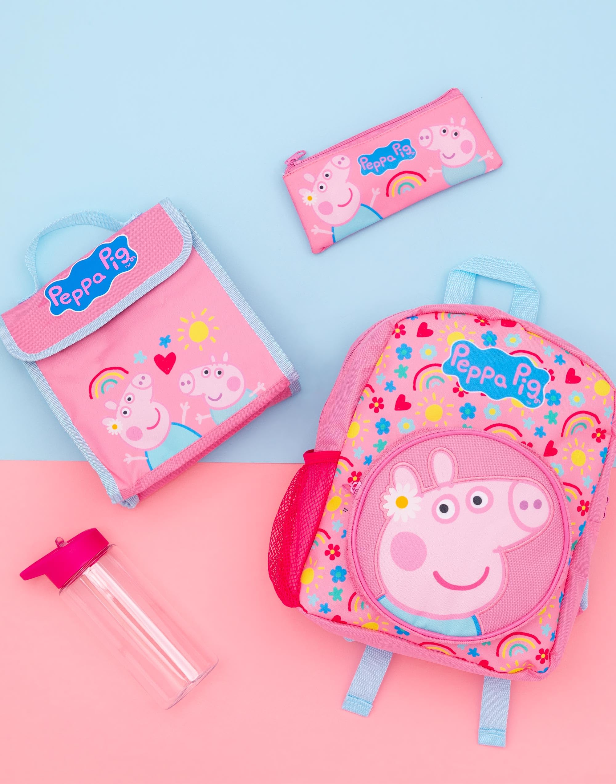 Peppa Pig Kinder 4-teiliges Rucksack-Set | Mädchen Jungen Animiert George Pig Hearts Rosa Rucksack Lunchtasche Federmäppchen Wasserflasche | Back to School Bag Geschenke