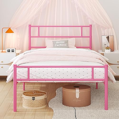 VECELO Base de cama de plataforma individual con cabecero y estribo, almacenamiento debajo de la cama de 12 pulgadas y fuerte soporte de listones de