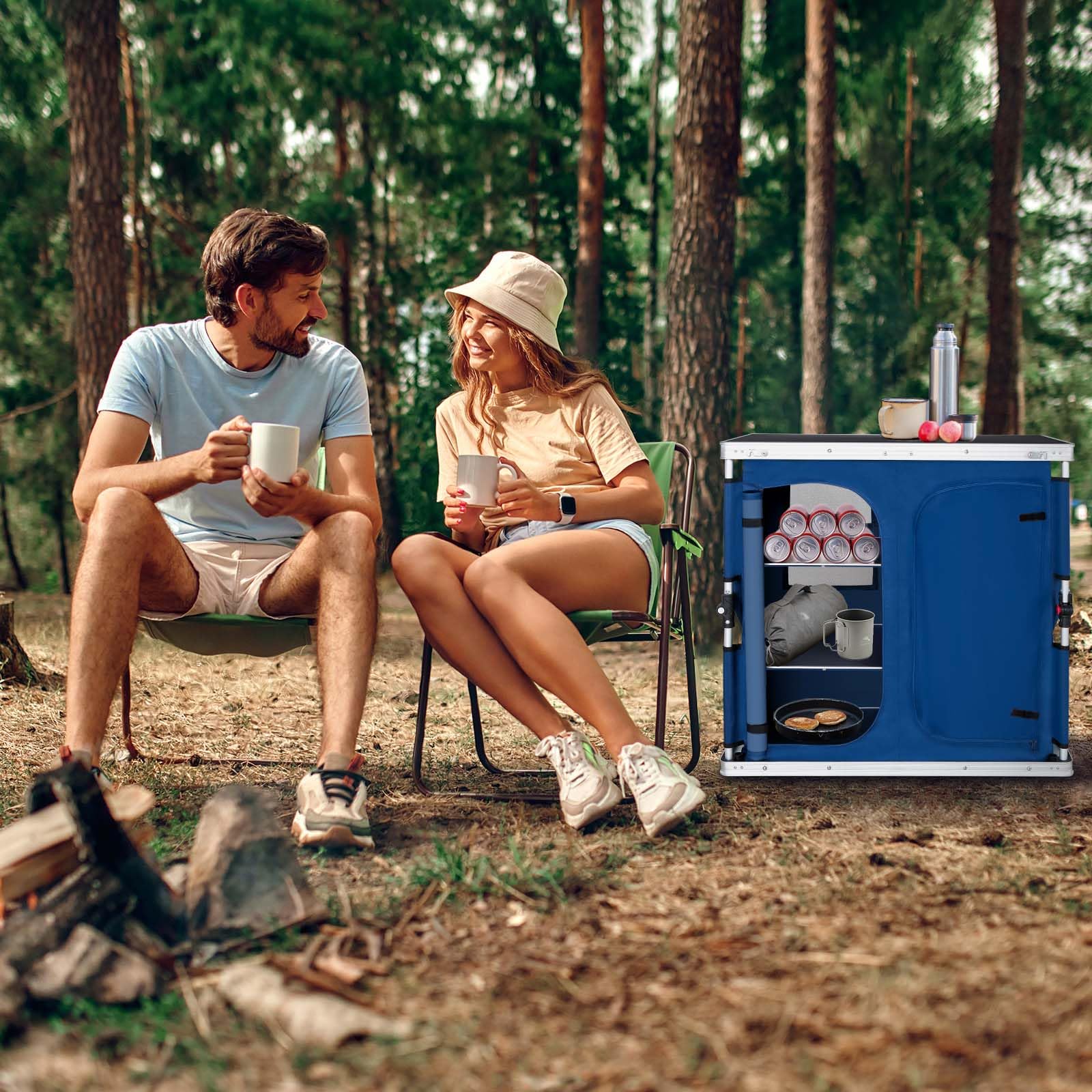 EAGLE PEAK podwójny składany stół kempingowy z organizerem i bocznymi kieszeniami, przenośny stół na camping, grill i piknik, z torbą, niebieski