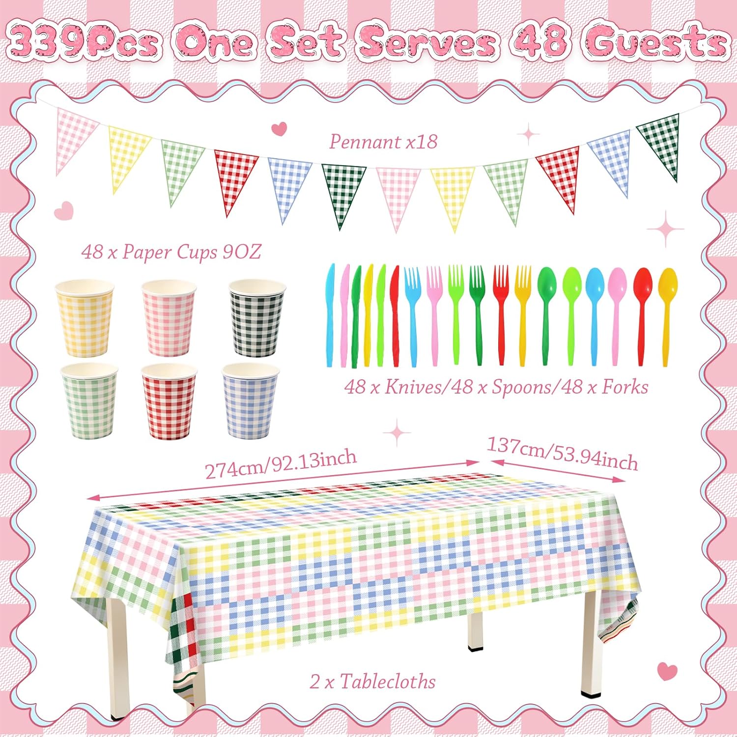 Vesici 48 Sets Camp Gingham Party Supplies Checkered Plaid Paper Plates Cups Napkins Tablewares Tablecloths Pennant Banner for Picnic BBQ Camping Gingham Birthday Baby Shower Bridal Shower Party Decor