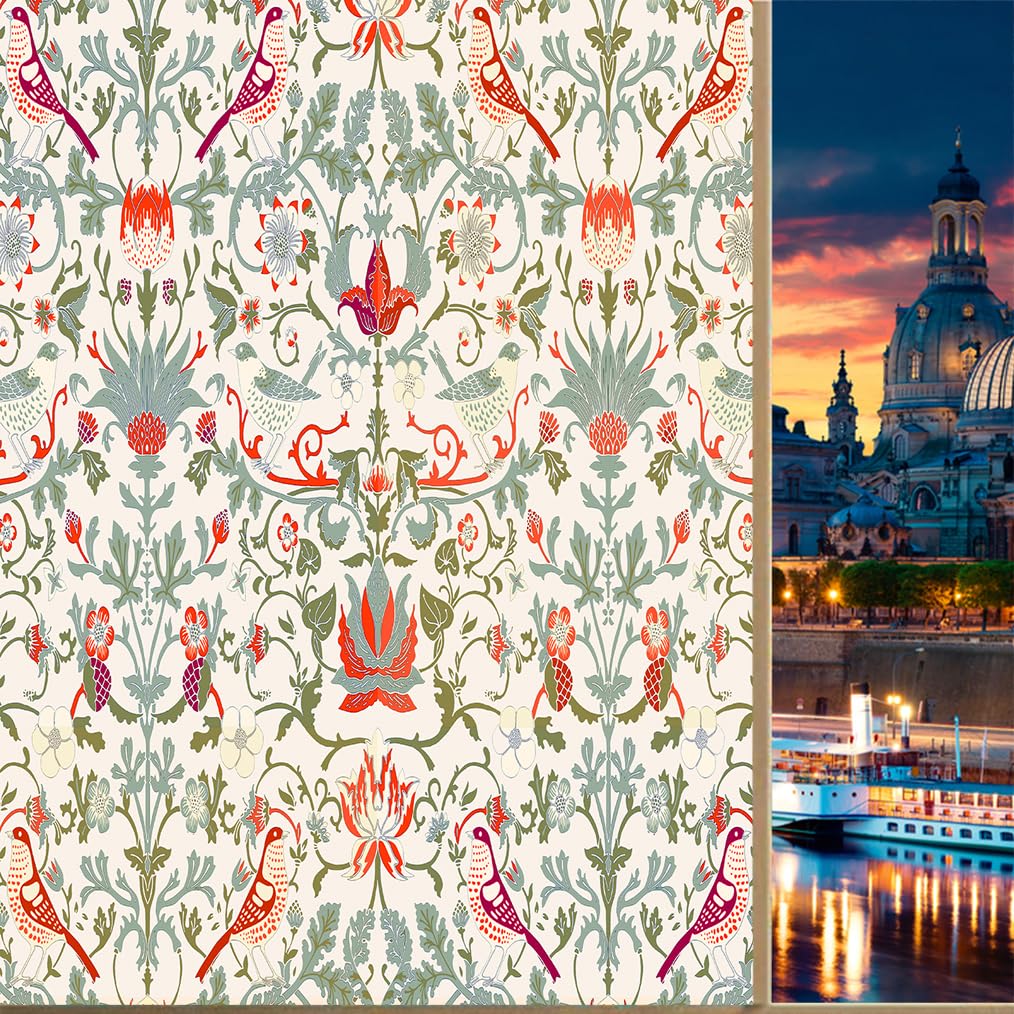 Coalho Bohemia William Morris Art Privacy Blackout Window Film Abstract Retro Mid Century Boho Floral Bird Reusable Self Adhesive Insulated Window Stickers-45W X60l Cm X1pcs