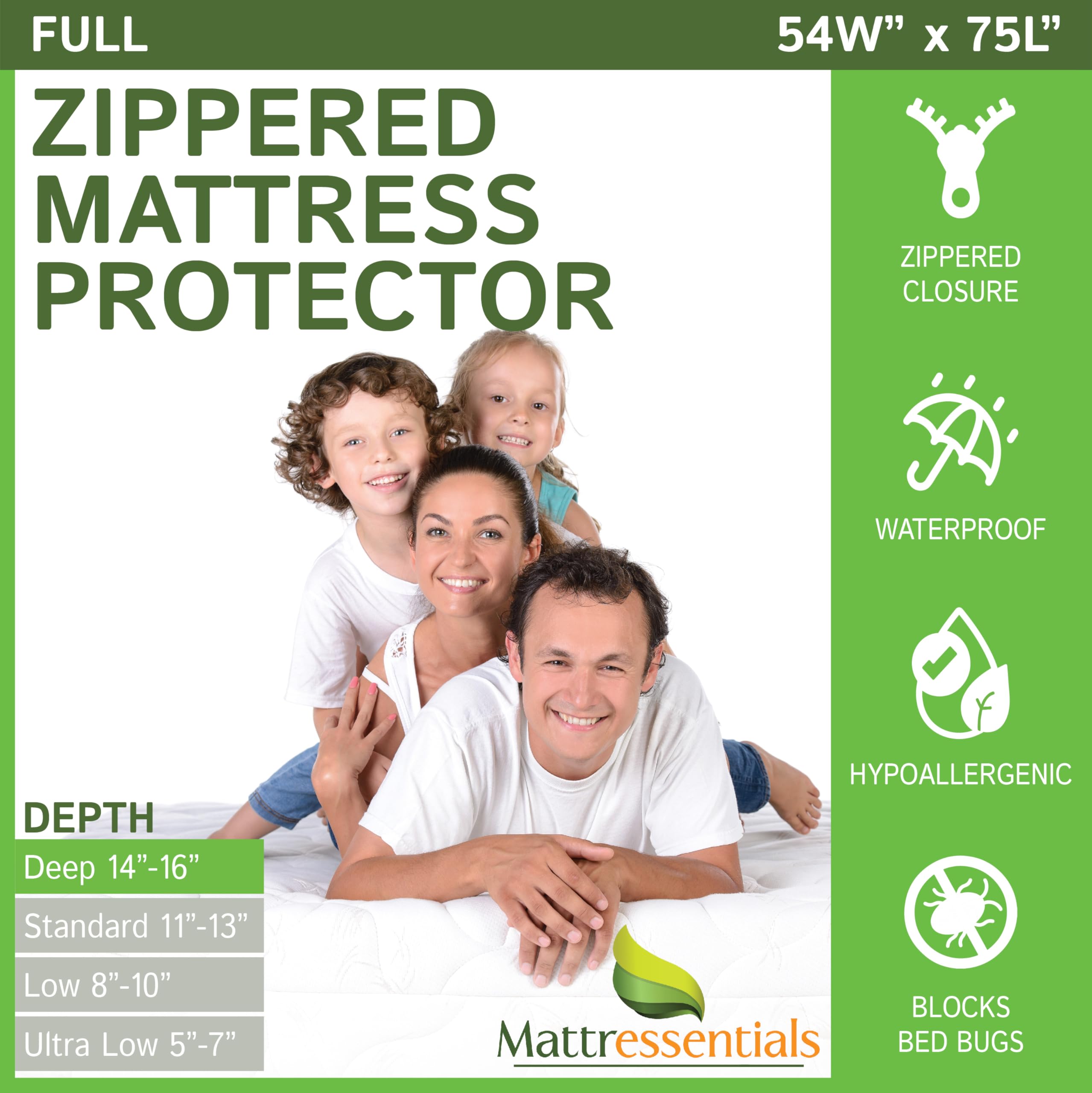 Mattressentials White Zippered Full (14"-16" Depth) Mattress Protector - Bed Bug Waterproof Mattress Cover, Premium Quality Hypoallergenic Encasement
