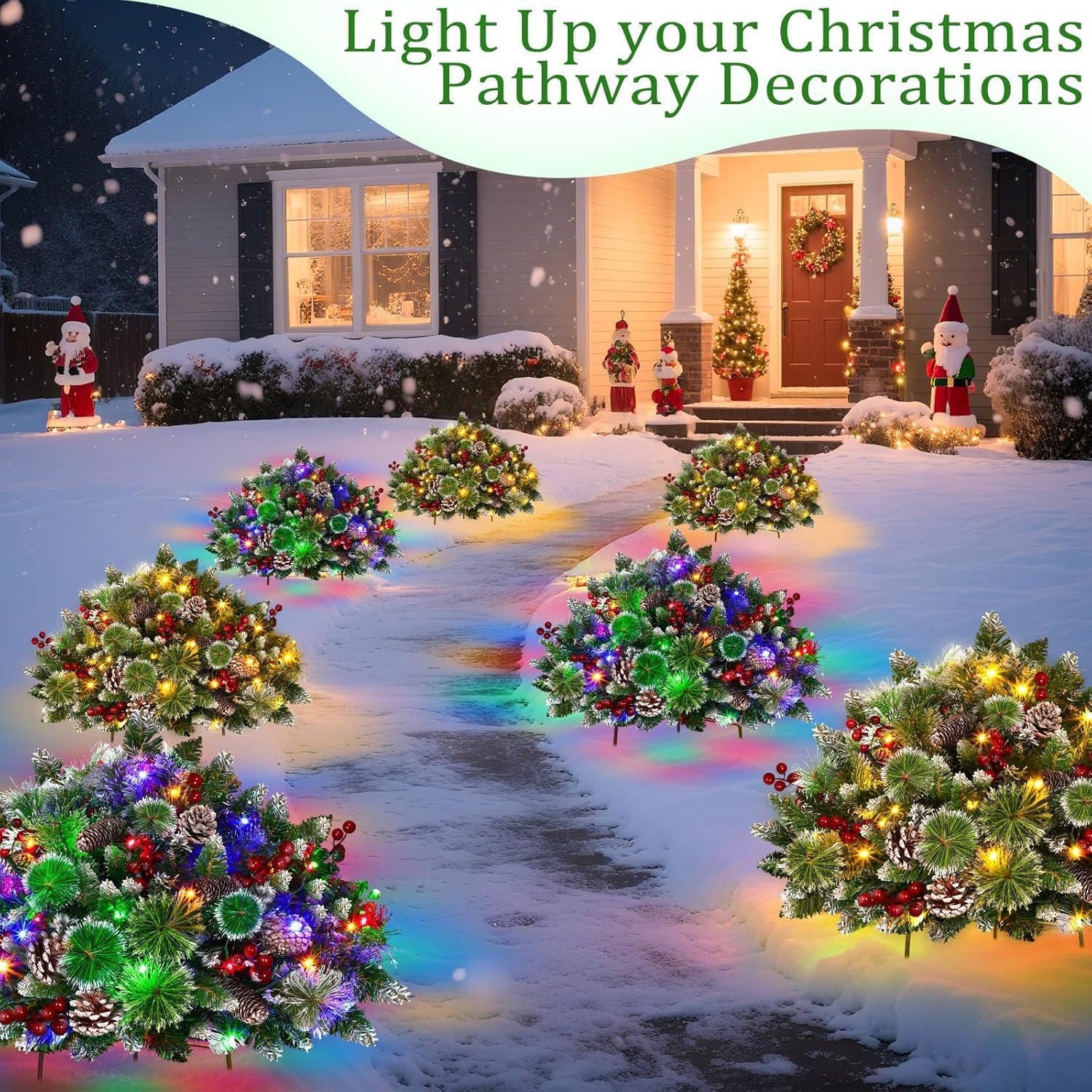 Timer - 2 Pack 24 Inch Lighted Outdoor Christmas Tree Urn Fillers Decorations,Warm White&Colorful Lights 8 Mode,Snowy Pinecones Red Berries Battery Operated Tripod Stake Holiday Planters Porch Pathway