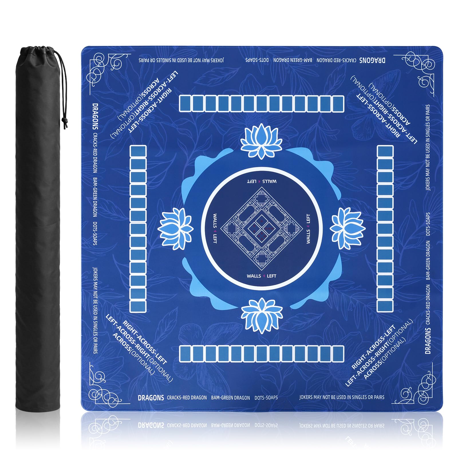 Nzwbshssp Navy Mahjong Mat With Flower Artwork - 80X80cm Thickened Rubber Table Cover For American Mahjong - Non-Slip Noise Reduction Mat For Poker, Dominoes & Board Games(Navy)